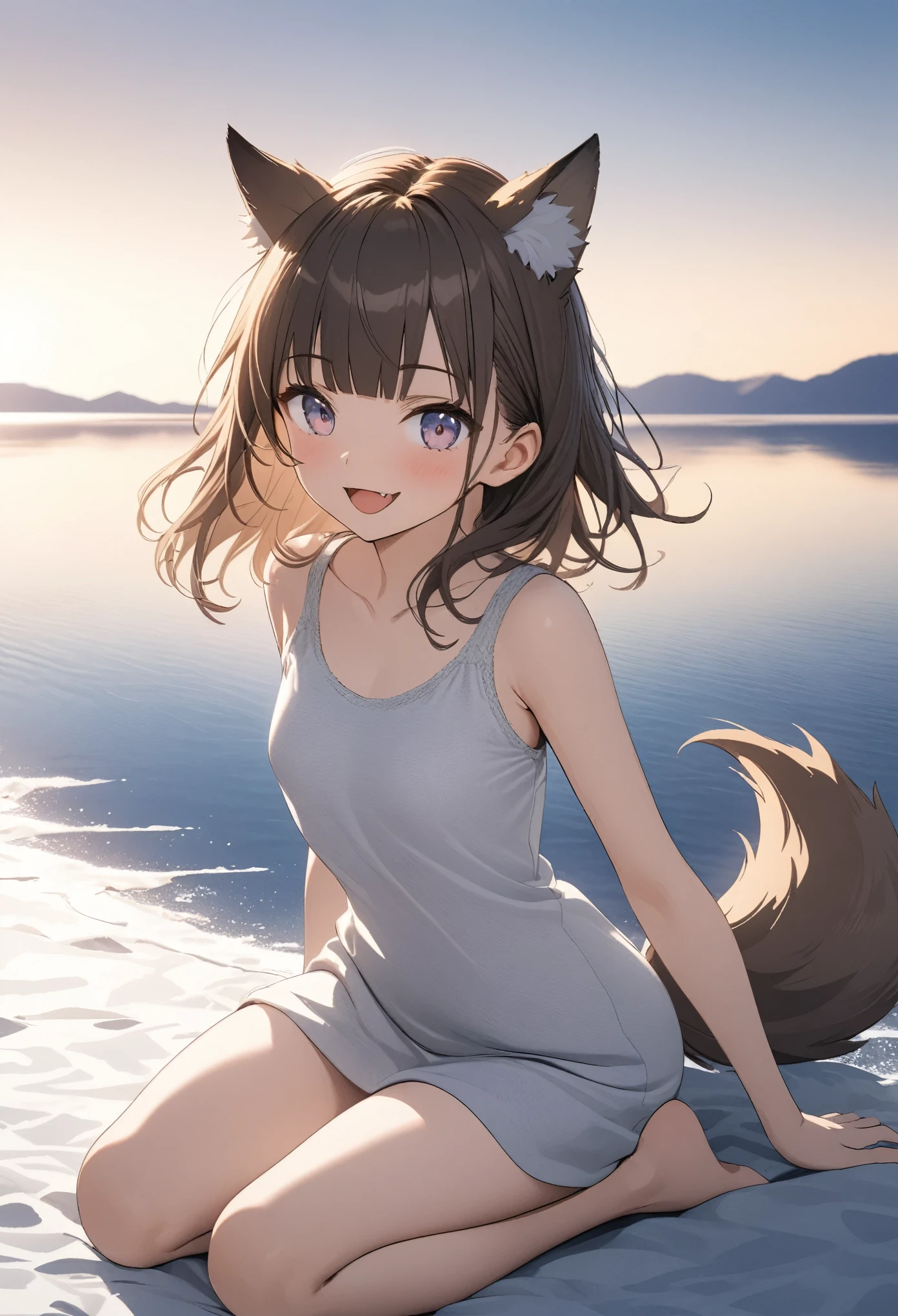 ((Masterpiece)), ((best quality)), (Anime:1.3), (super detail:1.2), (High Definition:1.3), (Professional Photography:1.4), (()), 8K, Glossy skin, cinematic lighting, 1girl, wide-shot, (Knit fabric tank top), (Cute innocent teenage girllendar body, small breast, glossy medium hair, (loose blunt bangs), open mouth, fang out, (Big smile), beautiful collarbones, (exposed Healthy arms), (put on wolf ears), pale brown hair, Hair that flutters in the wind, BREAK, ((best quality)), (super detail:1.2), wide shot, (Relaxing and kneeling on Salar de Uyuni), reflection of Salar de Uyuni, sunnyday, Beautiful Horizon Background,
