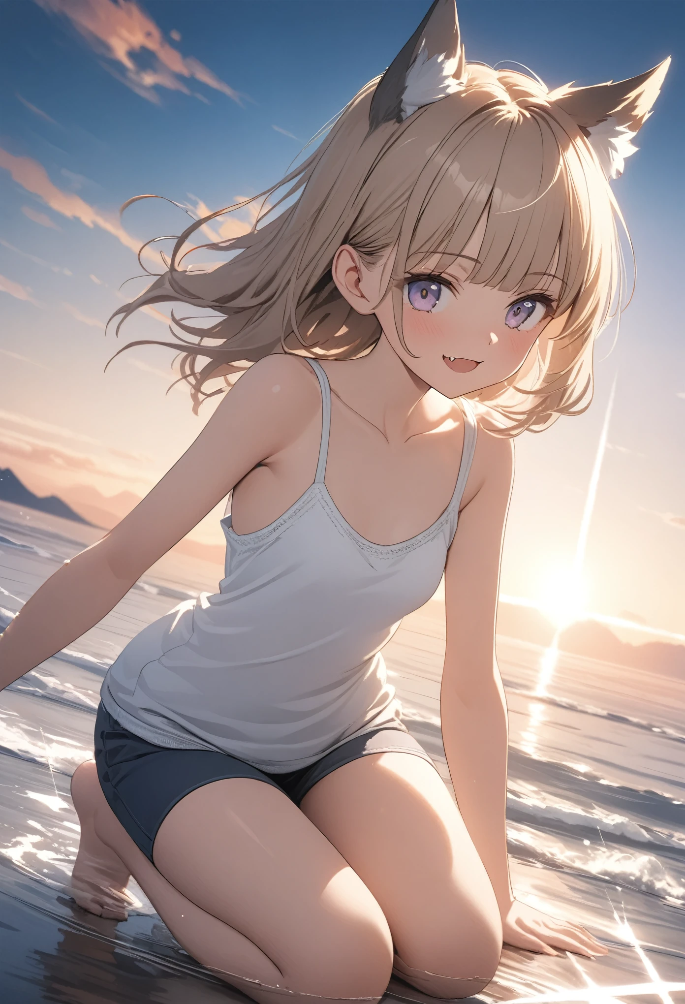 ((Masterpiece)), ((best quality)), (Anime:1.3), (super detail:1.2), (High Definition:1.3), (Professional Photography:1.4), (()), 8K, Glossy skin, cinematic lighting, 1girl, wide-shot, (Knit fabric tank top), (Cute innocent teenage girllendar body, small breast, glossy medium hair, (loose blunt bangs), open mouth, fang out, (Big smile), beautiful collarbones, (exposed Healthy arms), (put on wolf ears), pale brown hair, Hair that flutters in the wind, BREAK, ((best quality)), (super detail:1.2), wide shot, (Relaxing and kneeling on Salar de Uyuni), reflection of Salar de Uyuni, sunnyday, Beautiful Horizon Background,