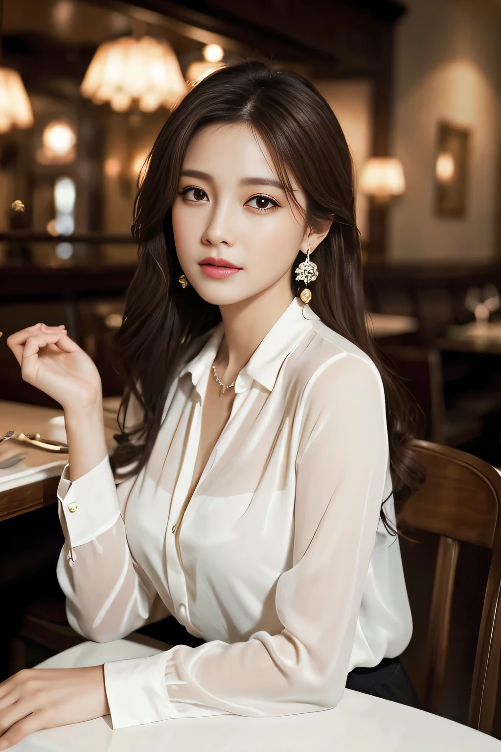 masterpiece, highest quality, Realistic, Very detailed, Finer details, High resolution, 8k wallpaper, One beautiful woman, Wear an elegant white see-through blouse, In a great restaurant, At night, Light brown messy hair, Perfect dynamic composition, Beautiful and beautiful eyes、Big earrings、Sitting in a chair、
