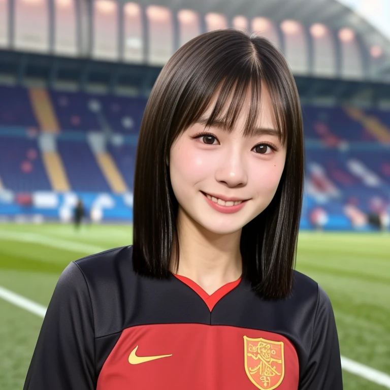 (kawaii 24 year-old Japanese girl, Nogizaka idol, Korean idol, soccer player), healthy female athlete body, glossy black hair, (very short hair, bangs:1.2), beautiful black eyes, rounded face, single eyelid, (no makeup:1.2), (big laughing), (soccer uniform:1.3), extra small breasts, BREAK, (soccer stadium background, summer sunlights:1.2), (dynamic angle, bust shot:1.2), BREAK, (masterpiece, best quality, photo realistic, official art:1.4), (UHD, 8K quality wallpaper, high resolution, raw photo, golden ratio:1.3), (shiny skin), professional lighting, physically based rendering, award winning, (highly detailed skin texture, extremely detailed face and eyes textures), Carl Zeiss 85 mm F/1.4, depth of field, (1girl, solo),