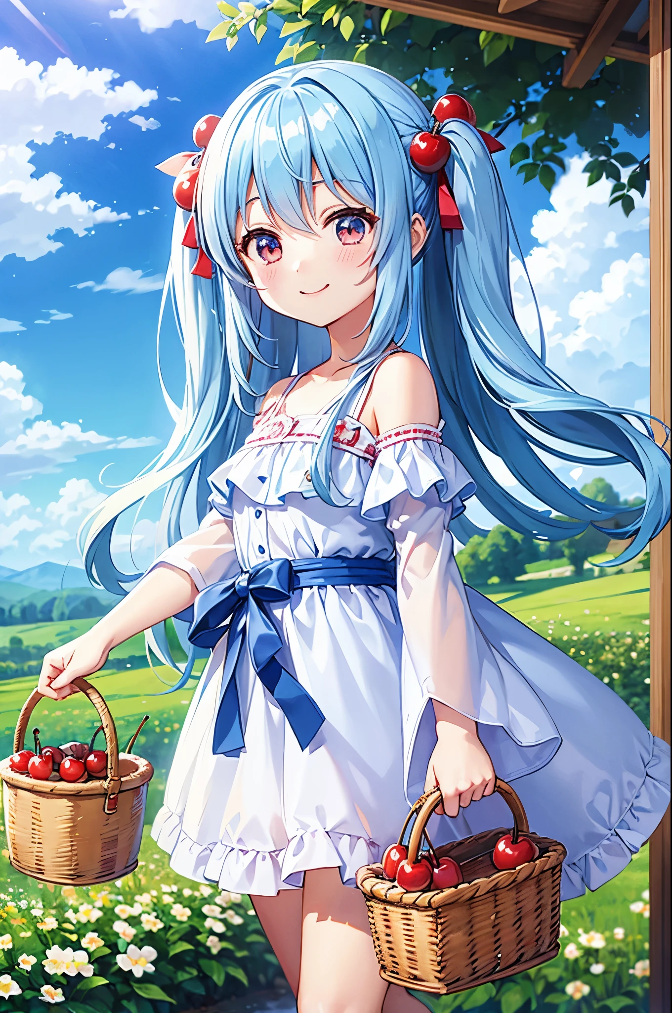 Light blue long hair、Beautiful girl with twin tails、With Chibi Characters、A happy smile、Cherry Field、Cherry picking with a basket in hand、Clear blue sky、White cloud、Cherry Field、Lots of big cherries