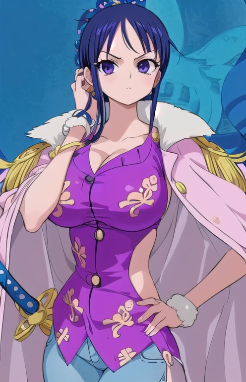 anime girl in purple shirt and blue jeans,big boob, from one piece, tashigi one piece, full body close-up shot, nud big nake tit big boob