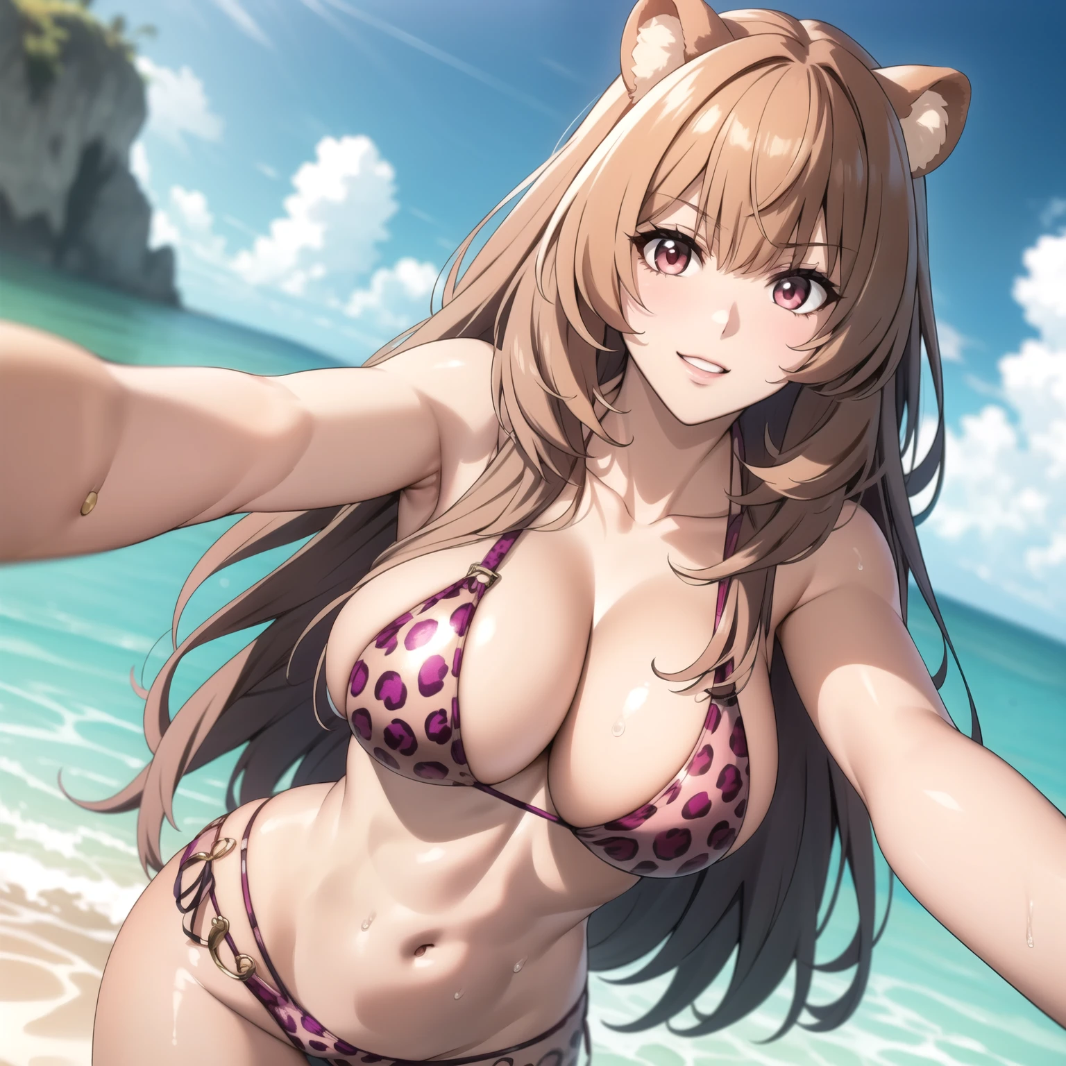 Raphtalia woman 27 años, cabello naranjo brillante con reflejos, sonrisa hermosa, rubor en mejillas, , orejas de oso, detailed ruby red eyes, pechos grandes, piel clara detallada, pink leopard print bikini, accesorios, selfi. manos perfectas. una sola mujer. mujer sola. selfi. cabello rubio. gotas de agua en su pecho, gotas de agua en su cabello. colores vibrantes, alta calidad. orejas de oso.