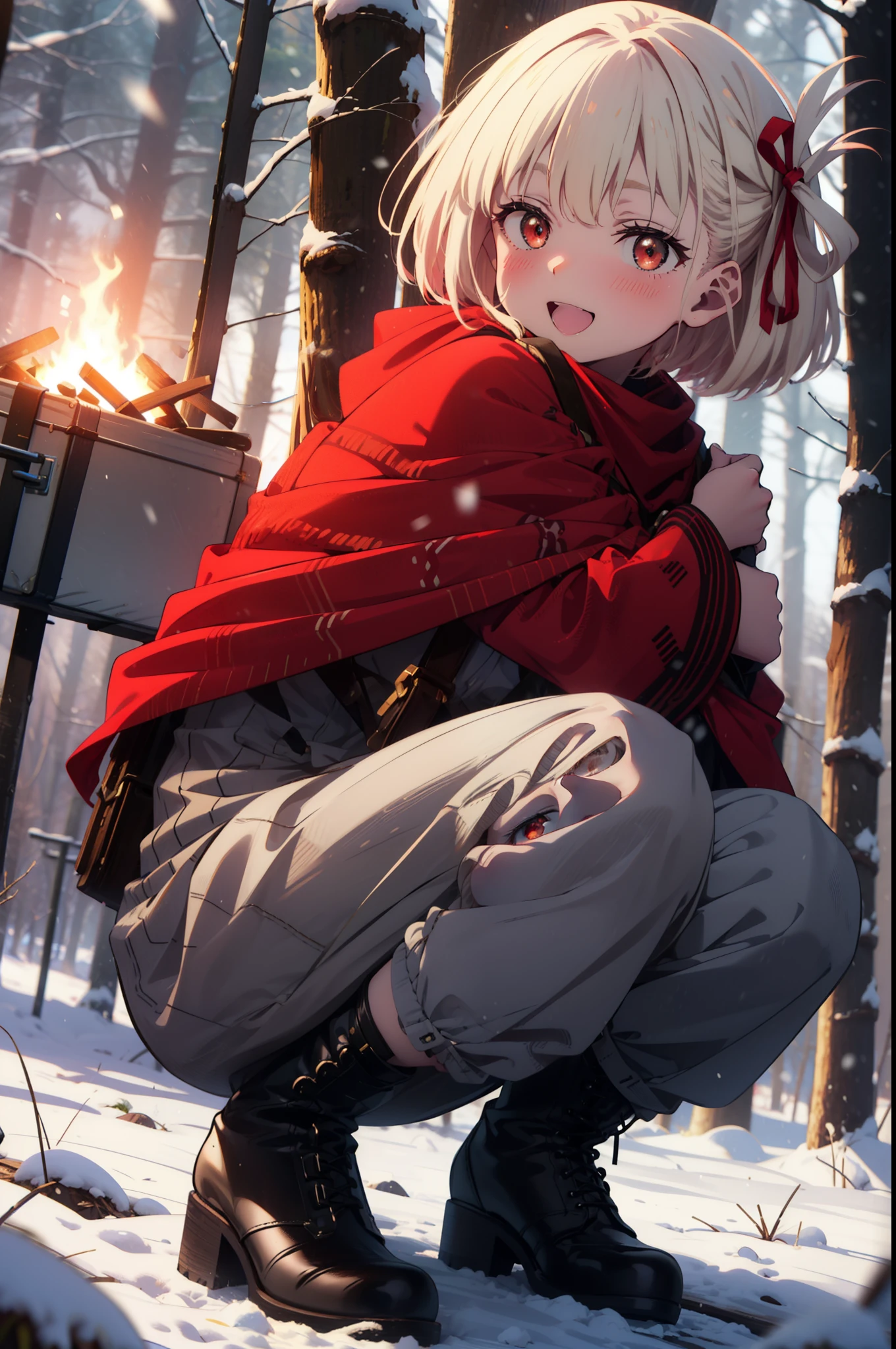 chisatonishikigi, Chisato Nishikigi, short hair, bangs, blonde, (Red eyes:1.5), Hair Ribbon, One side up, Bobcut,smile,blush,happy smile, smile, Open your mouth,
White Breath, Open your mouth,snow, Ground bonfire, Outdoor, boots, snowing, From the side, wood, suitcase, Cape, Blurred, Increase your meals, forest, White handbag, nature, Squat, Mouth closed, フードed Cape, winter, Written boundary depth, Black shoes, red Cape break looking at viewer, Upper Body, whole body, break Outdoor, forest, nature, break (masterpiece:1.2), highest quality, High resolution, unity 8k wallpaper, (shape:0.8), (Beautiful and beautiful eyes:1.6), Highly detailed face, Perfect lighting, Highly detailed CG, (Perfect hands, Perfect Anatomy),