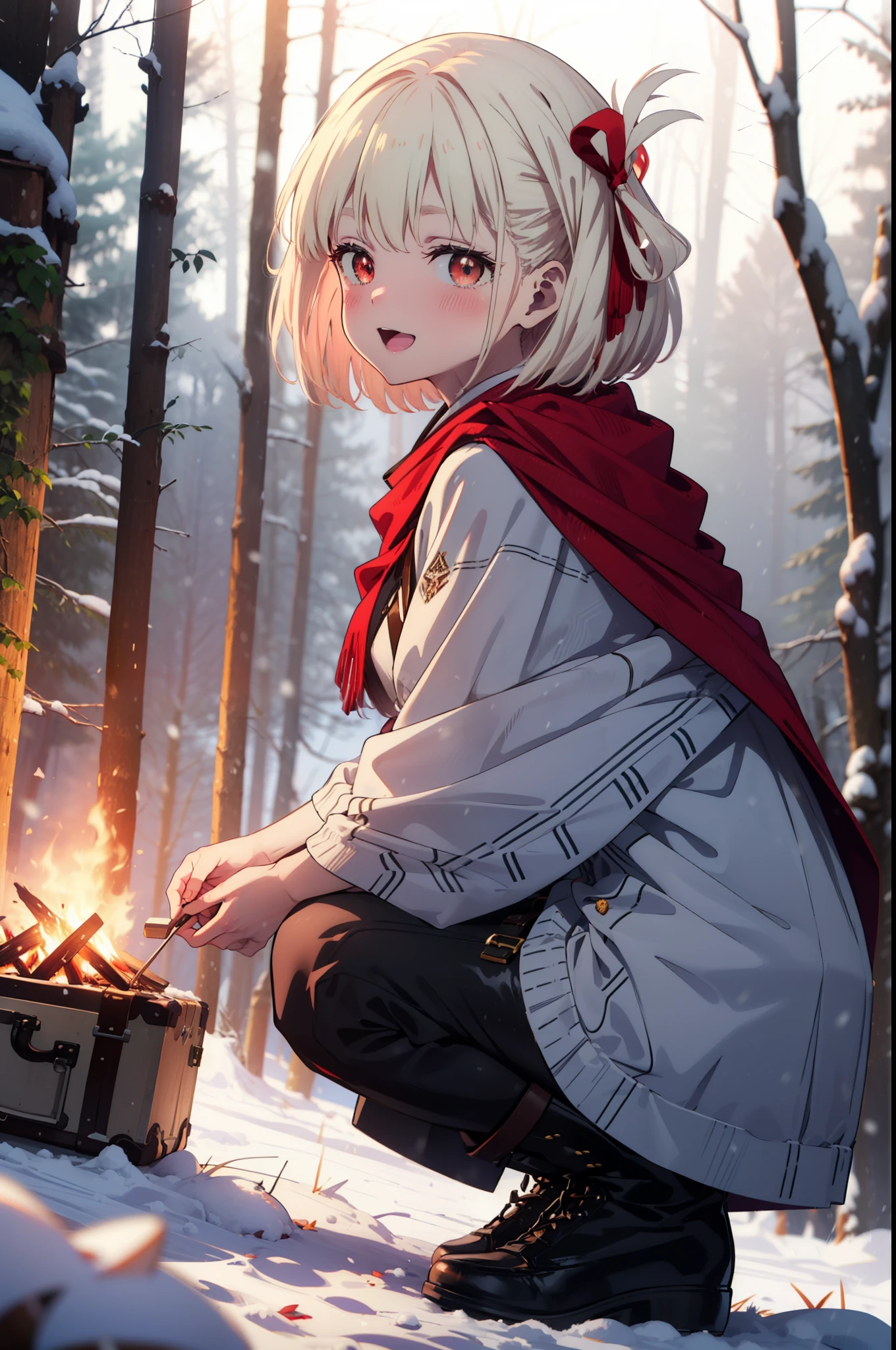 chisatonishikigi, Chisato Nishikigi, short hair, bangs, blonde, (Red eyes:1.5), Hair Ribbon, One side up, Bobcut,smile,blush,happy smile, smile, Open your mouth,
White Breath, Open your mouth,snow, Ground bonfire, Outdoor, boots, snowing, From the side, wood, suitcase, Cape, Blurred, Increase your meals, forest, White handbag, nature, Squat, Mouth closed, フードed Cape, winter, Written boundary depth, Black shoes, red Cape break looking at viewer, Upper Body, whole body, break Outdoor, forest, nature, break (masterpiece:1.2), highest quality, High resolution, unity 8k wallpaper, (shape:0.8), (Beautiful and beautiful eyes:1.6), Highly detailed face, Perfect lighting, Highly detailed CG, (Perfect hands, Perfect Anatomy),