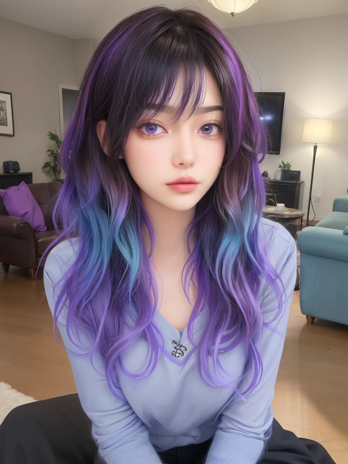 masterpiece, adult, indoors, living room, woman with purple to blue ombre hair, long hair, looking at viewer, messy hair, bedhead, bedhair, dark lighting, shirt, skinny, 