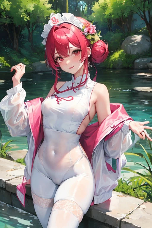 tmasterpiece、Need、1female、Blue cheongsam、 White cloth bun bun bun、Shoulder leakage、The  is large、chubbiness、ssmile、White suspender tights、lace leggings、pale pink lip、hot springs，Pose in the water，（drenched all over the body），legs are open， solo, White polo shirt, looking at viewert,  A high resolution,(Thigh thick:1.0),,ultra - detailed，tmasterpiece，Best quality at best，Yazawa Nico,red eyes, face flushed,Blunt hair,both hands on hip，greet，Flower headdress，Side