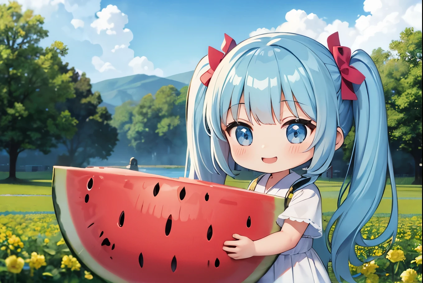 Light blue long hair、Beautiful girl with twin tails、With Chibi Characters、A happy smile、Many large watermelons in the watermelon field、Watermelon picking、Clear blue sky、White cloud、With Chibi Charactersに大きなスイカをさがしている、Full of watermelons
