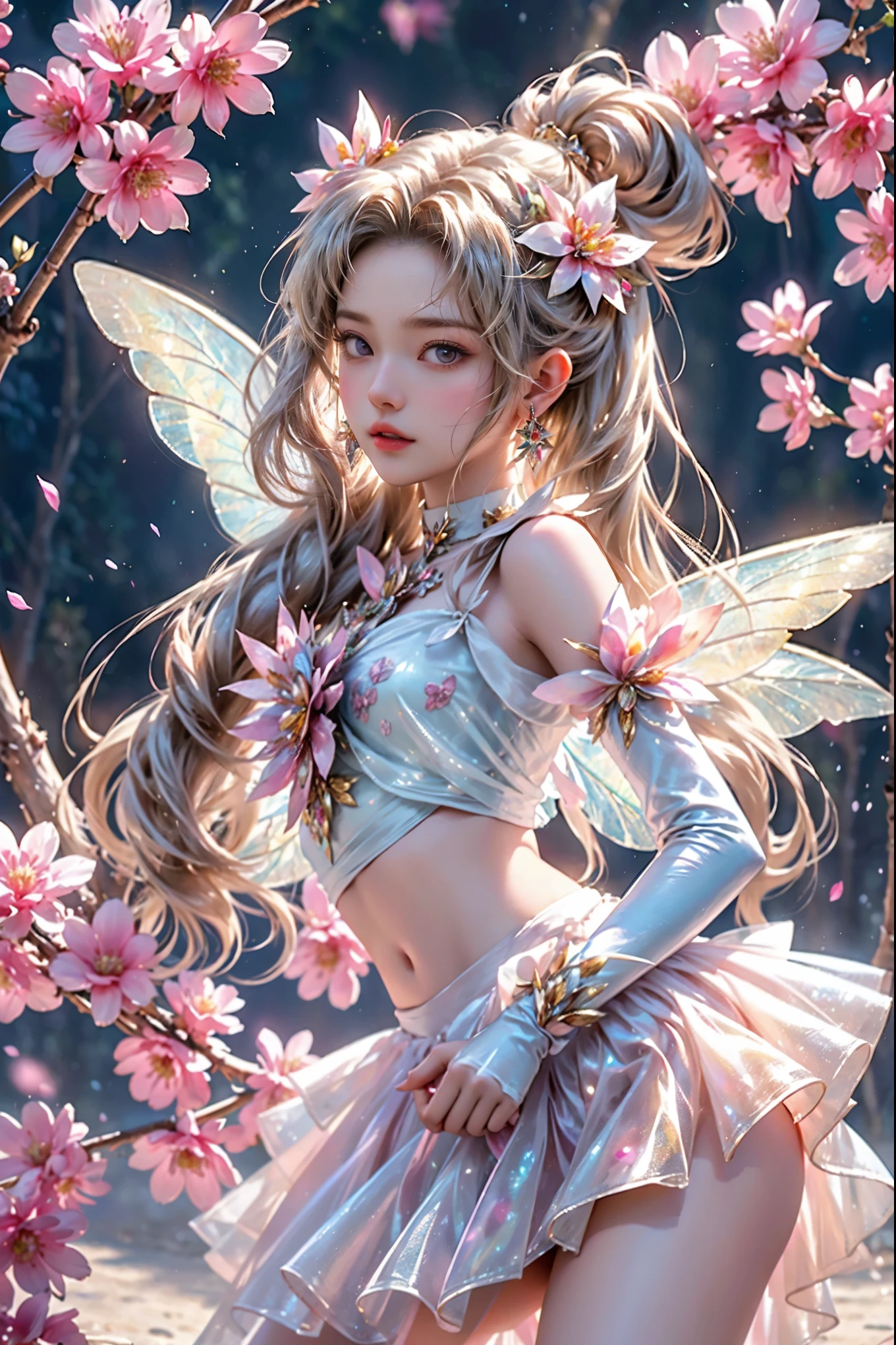 12k 3D HD Hyper Realistic Style Image Quality AI by CodeFormer 12K Cute and Elegant 3D Flower Fairy This Fairy, de ascendencia latina, in a bikini and with delicate wings that shine like morning dew, revolotea de flor en flor. Su cabello es una cascada de rizos , adorned with petals and shiny pollen.