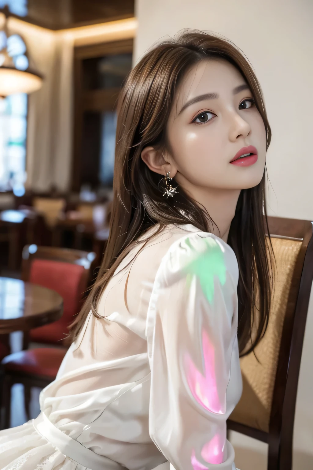 masterpiece, highest quality, Realistic, Very detailed, Finer details, High resolution, 8k wallpaper, One beautiful woman, Wear an elegant white see-through blouse, In a great restaurant, At night, Light brown messy hair, Perfect dynamic composition, Beautiful and beautiful eyes、Big earrings、Sitting in a chair、