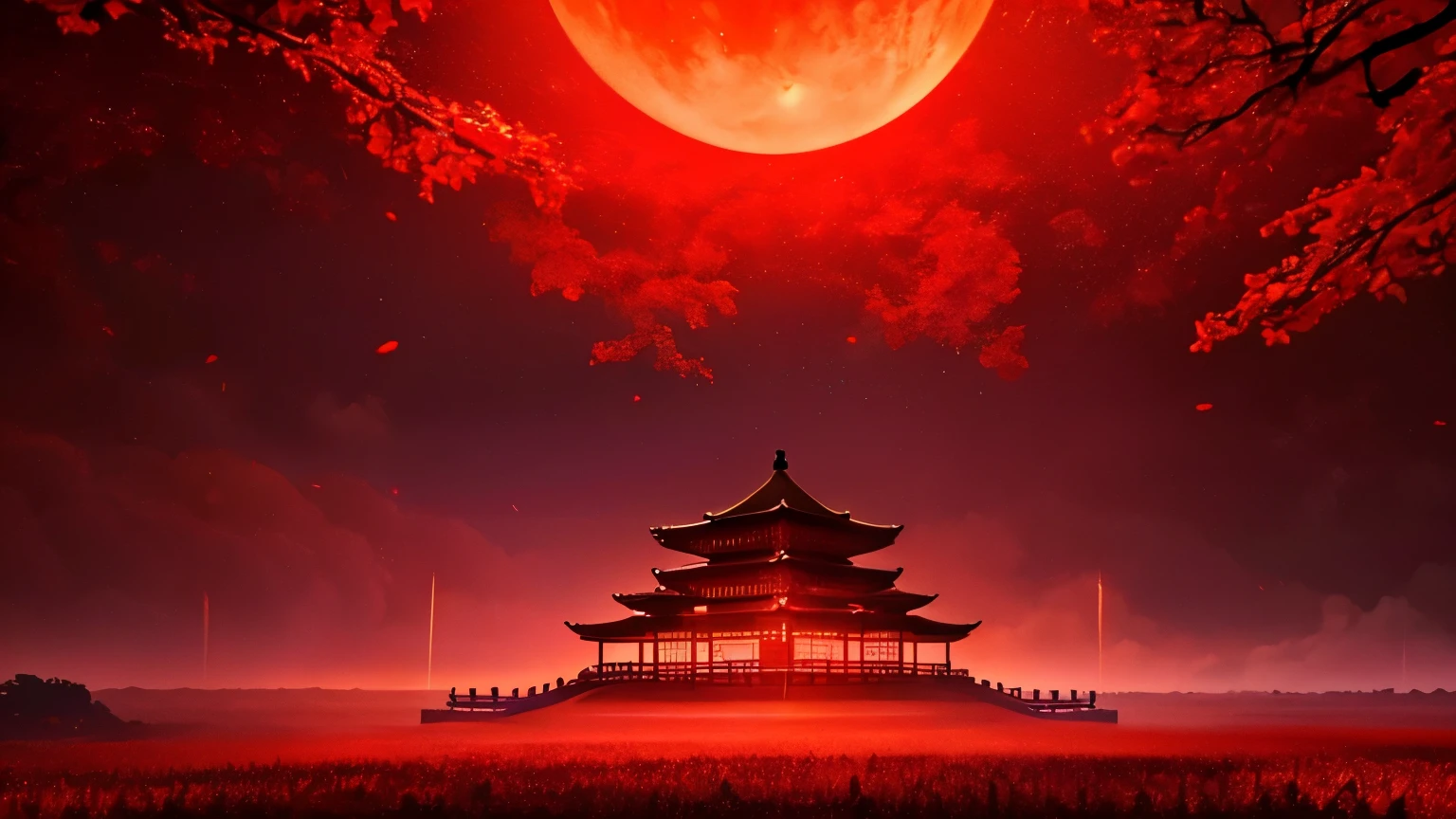 A detailed, serene chinase temple nestled in a lush red forest, surrounded by vibrant red flowers and towering red trees, with a mystical red moon shining overhead, night sky with fireworks (best quality,4k,8k,highres,masterpiece:1.2),ultra-detailed,(realistic,photorealistic,photo-realistic:1.37),chinese temple,red forest,red flowers,higambana,red moon,intricate architectural details,dramatic lighting,ethereal atmosphere,vivid colors,cinematic composition