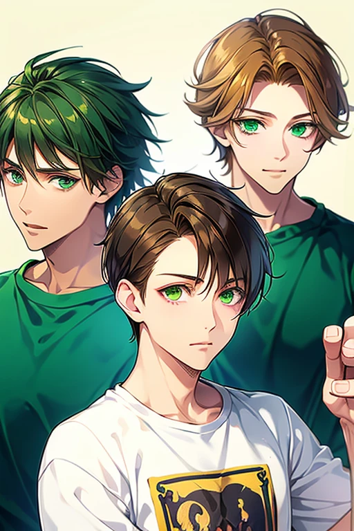 Fantasy Sparkling highest quality masterpiece anime One Boy Fluffy brown hair Green Eyes 15 years old White T-shirt cute small Has bangs