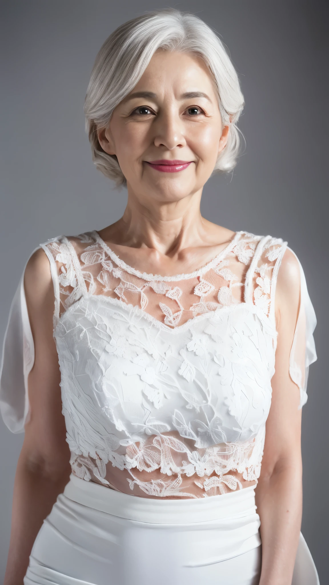 Face close-up, Late Elderly, ((Fractal Art)), (((masterpiece))), 8k, Clear images, (((alone))), (((Asian Beauty))), Pure white background, Gray Hair, Hands behind back, Refreshing early summer outfit, Alluring, ((Elderly)), Depict lips accurately,Red lips, Flashy makeup, (((alone))), (((Perfect Anatomy))), Pure white background, gravure, Upright posture, smile, ((Beautiful mature woman)), highest quality, Very detailed, Realistic, Very detailed細なスキン, (Madame), (The corners of the mouth are turned up), 100 years old, Huge breasts, Mature Pornstar, Glamour, sexy, Pure white skin, Comfortable clothing,