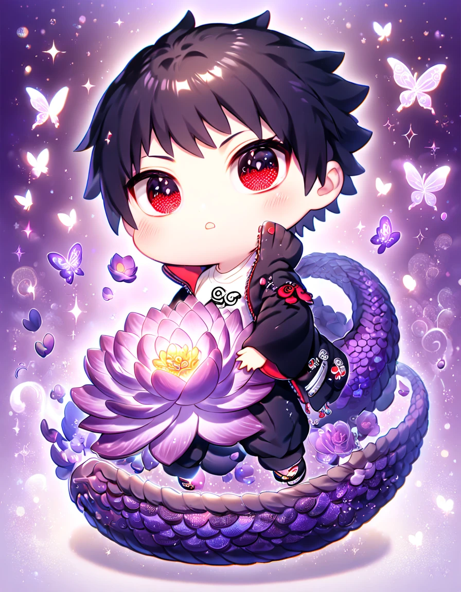 absurdres, highres, ultra detailed, HDR, master piece, best quality, Uchiha Sasuke chibi, black hair, expressive red eyes, naruto shippuden, cute, hugging a purple dragon, black jacket, white shirt, patterns, magical, fantasy, purple background, purple lotus, shining, purple petals, purple glittering butterflies