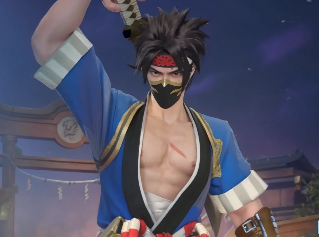realistic, very detailed, japanese man, handsome young man, holding the sword backwards, young man wearing a black mask, cool, young man in blue, 8k, scratches on chest, black hair, red and white belt, head facing down, such a handsome young man, detailed