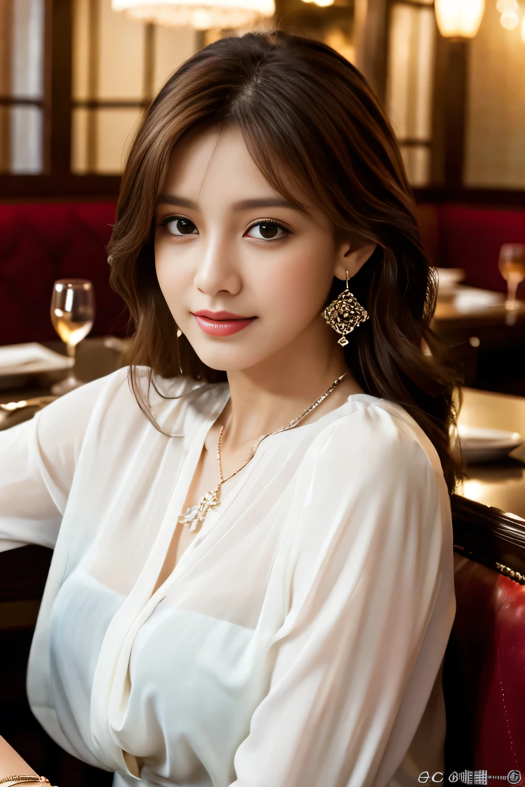 masterpiece, highest quality, Realistic, Very detailed, Finer details, High resolution, 8k wallpaper, One beautiful woman, Wear an elegant white see-through blouse, In a great restaurant, At night, Light brown messy hair, Perfect dynamic composition, Beautiful and beautiful eyes、Big earrings、Sitting in a chair、
