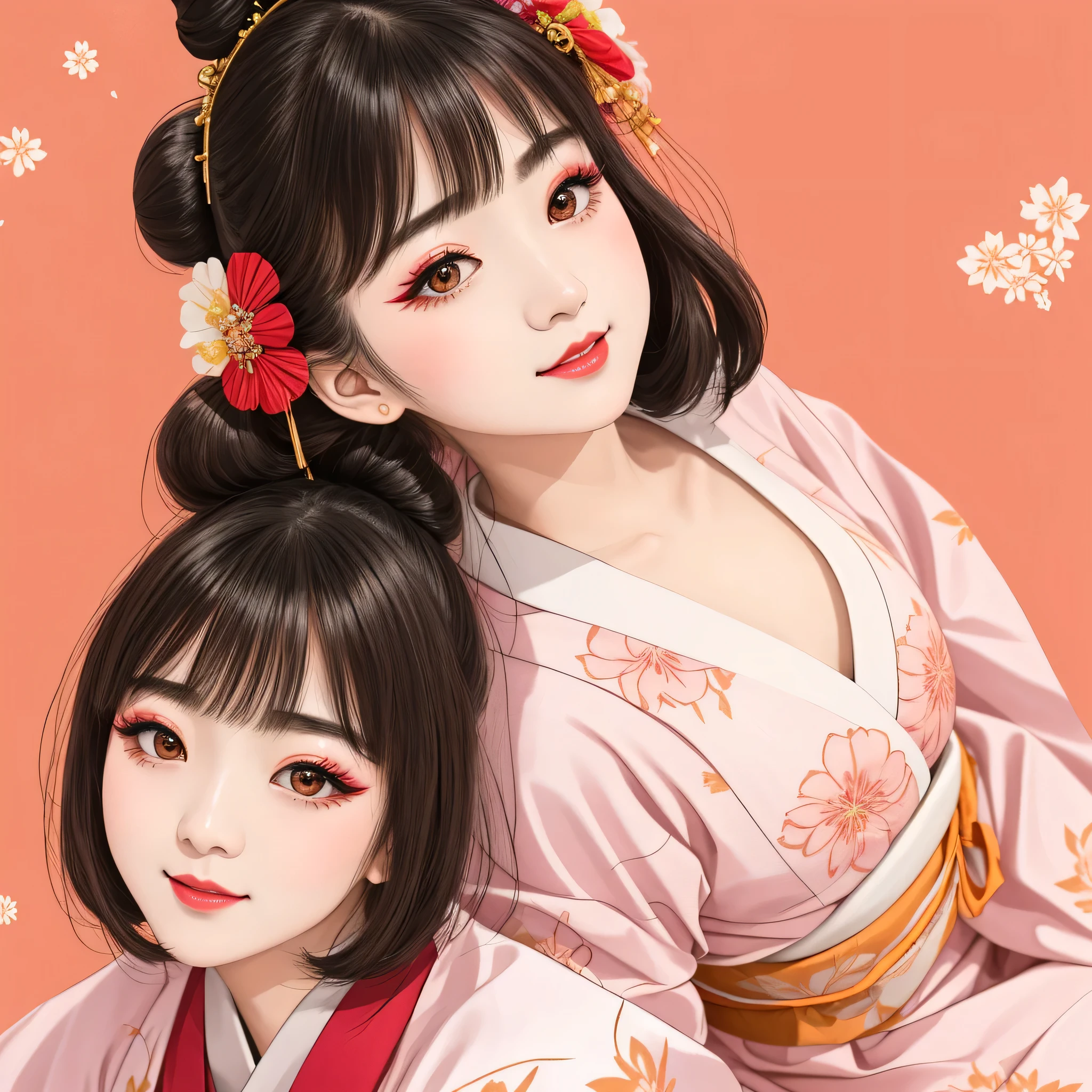 Each has a different expression２People and sisters、(２ girls）、｟Dancing traditional arts with grace)、((Big Breasts、Small Face、Not exposed))、highest quality、masterpiece、（Black Hair、Bun Hair）、Brown Eyes、｟Wide angle、Angle from above the waist、Pause on the magazine cover、Their gazes are different, gazing into the distance｠、(８K High Quality、masterpiece、High resolution、Realistic and beautiful light and shadow、(highest quality)、(High Resolution)、(Very delicate and beautiful)、(Beautiful 8k face)、(With a smile、Beautiful eyes)、(Clear skin)、(Soft hair)、(８Head to Body)、(A Japanese style yukata kimono with red, pink and orange floral patterns on a white background, interspersed with gold powder、Wearing a yukata２Beautiful Japanese girls)、((Tanabata decoration background))、((Small Face))、(arms up)、Thin and small nose、（Red lipstick）、（Make your cheeks red）、（Glossy skin）、((Ink painting style))、Very thin eyebrows、Overall ultra-high image quality、（She is wearing maiko-style makeup.）、Whitening、Long and beautiful eyelashes、Glowing Skin、（Red cheeks）,Straight nose、masterpiece、highest quality、whole body、 Eyebrows visible through hair、Bun Hair、Grin、Gal、Gal、Viewer&#39;s Eyes、Plaid、Stylish、woman、fine、Pause、
Waiting to start 

