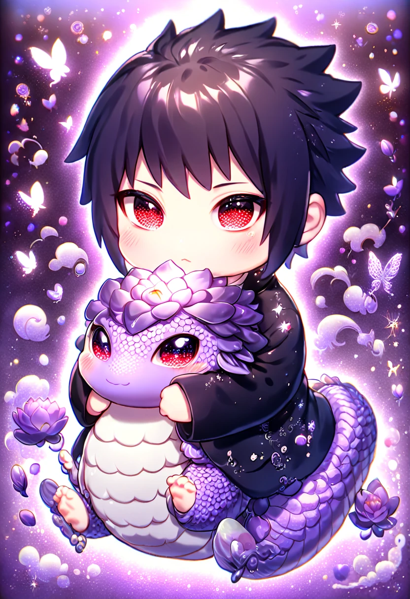 absurdres, highres, ultra detailed, HDR, master piece, best quality, Uchiha Sasuke chibi, black hair, expressive red eyes, naruto shippuden, cute, hugging a purple dragon, black jacket, white shirt, patterns, magical, fantasy, purple background, purple lotus, shining, purple petals, purple glittering butterflies