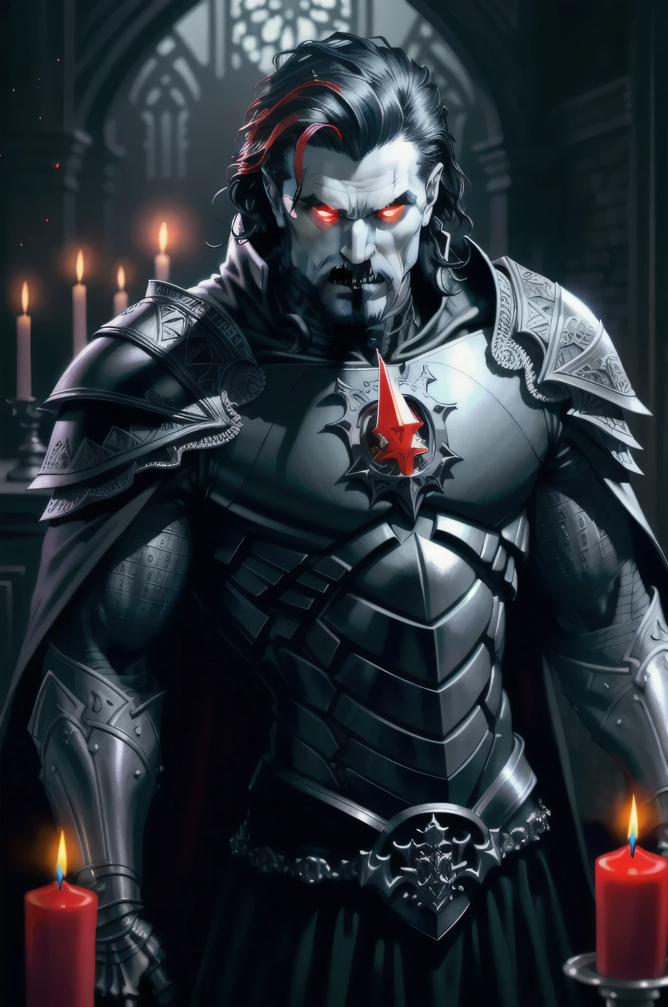 A man in armor with a sword and a candle (full torso), analog style, realistic, ((intricate details)), full torso shot, cold lighting, handsome, (pale gothic evil king), (male:2.0), (black hair), (intricate), ((engraved skeletal armor)), (intricate sharp obsidian crown), dynamic pose, windblown hair, perfect face, (realistic eyes), round iris, (((red eyes))), perfect eyes, intricate, complex, Helios 44-2, ((dark gothic background)), (candle lit), swirly bokeh, trending on artstation, sharp focus, studio photo, intricate details, highly detailed, sharp, dnd character, ((oil on canvas)), perfect lighting, Masterpiece, detailed background, art by artgerm and greg rutkowski, cinematic lighting, 8k, goatee,