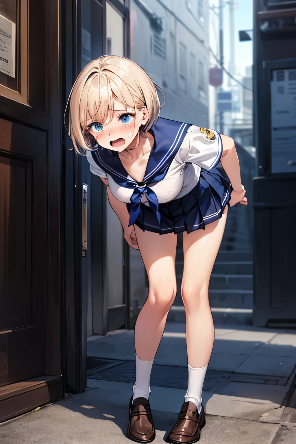Browsing Caution,(((Perfect Anatomy, Anatomically correct, Very detailedな肌))), 1 girl, Japanese, high School girl, Shiny skin, Observe the audience, ((Back view, From below)), Beautiful Hair, Beautiful Face, Beautiful details, (short hair:1.1, Bobcut:1.2), Dark blonde hair:1, blue eyes, , Mole under the eye, Beautiful clavicle, Beautiful body, Beautiful breasts, Big Breasts:0.5, Beautiful thighs, Beautiful feet, ((Short sleeve, Cute Sailor Suit, All dark blue, Dark blue pleated skirt, Navy blue sailor collar, Sailor scarf, socks, Brown Loafers)), Captivating thighs, (Red Slave Collar), ((Embarrassing, Scared, sad, tears, cry, Half-open mouth)), Are standing, (((Leaning forward), Taking off white panties:1.8, Raise one leg,I'm not wearing anything、Lower body naked、No underwear、 (Pull on white panties:1.5))), (Beautiful views), summer, School, locker room, 8k, highest quality, Masterpiece:1.2, Very detailed), (Realistic), Beautiful illustrations, Natural light, whole body,Overflowing Sex Fluids:1.5