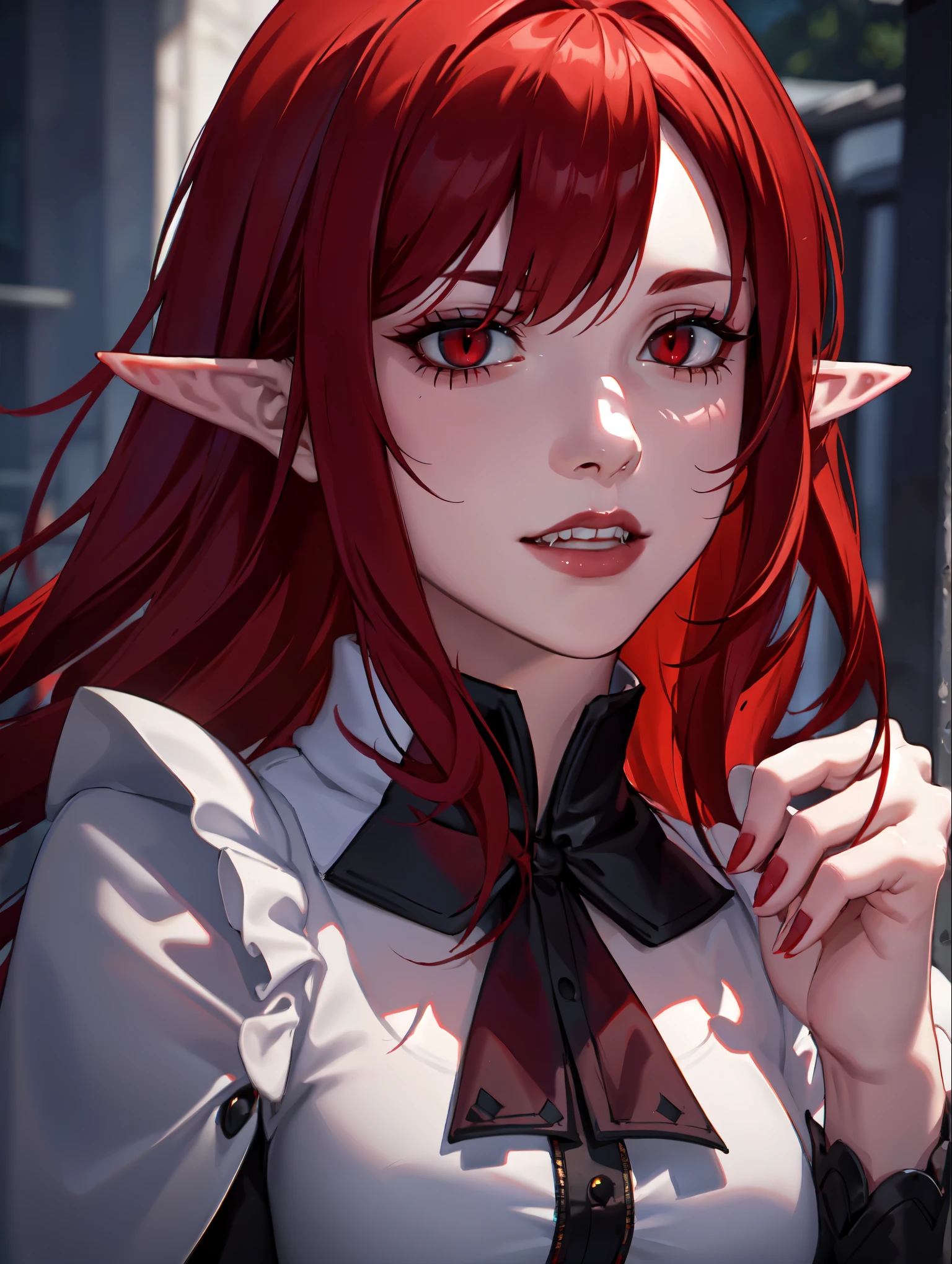 (Top resolution、Distinct_image)top-quality、A girl、masterpiece、highly detailed, half body, Semi-realistic、red eyes 、18year old, dark red hair,young 、Exquisite facial features、Facial features ,variation potrait, long hairstyles, teenage, cool , cold sharp eyes, An expression of despair., lifeless eyes, blood on face and clothes, , {Very detailed 8k CG unit wallpaper}, Handsome, solo, female, vampires, luxury dress, dark cloak, Gothic, elf ears , loyalty , black clothes