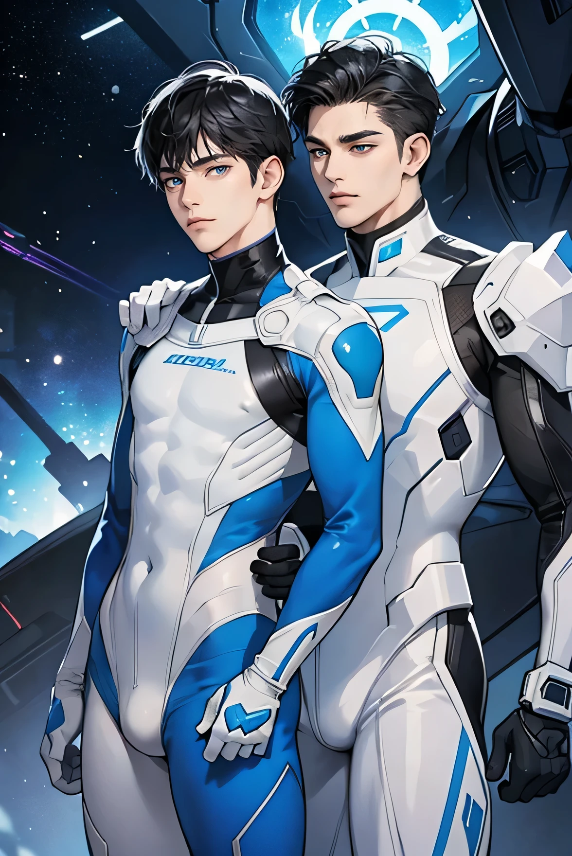 Two handsome men Handsome 16 year old cyborg Very short, cropped black hair future universe Science fiction The background is the galaxy universe A very tight white and blue rubber suit Plug Suit Gloves looking at the camera White mega bulge Two handsome men back to back