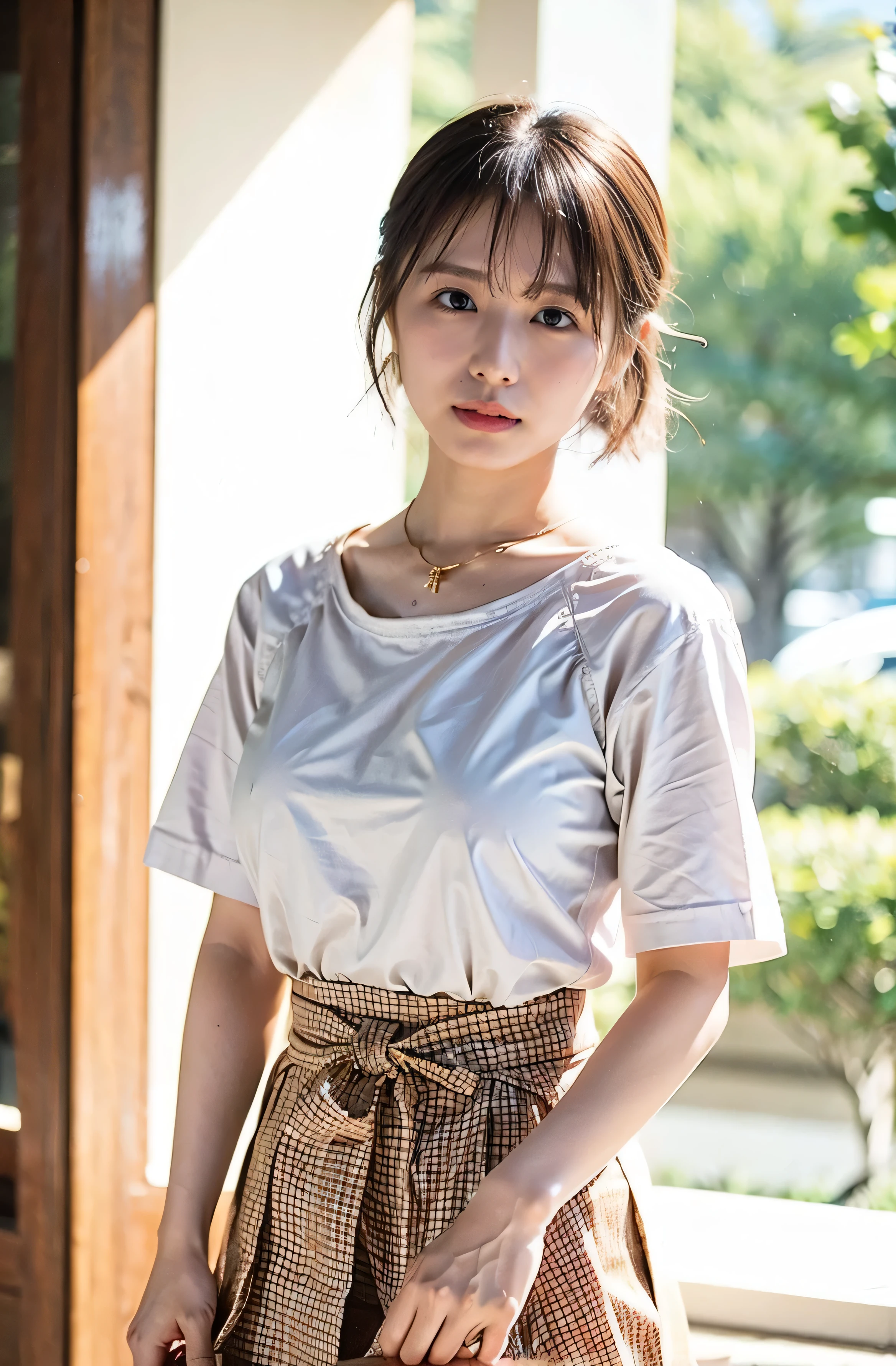 Japanese Idols、Holding a white puppy。((light beige hair color、Side Ponytail:1.4))、Checked Skirt、No sleeve、Outdoor Shot、Cute clothes、Tie your hair up、cream hair color、Leather Belt、Her huge breasts are obvious even from her clothes.、Small earrings、Light brown hair color、Tie your hair up:1.4))、Shiny Hair、Light beige hair color、Background Blur、Braid only the front hair、Light brown hair、{{Cowgirl Shot}}、((Close-up shot from the waist up、Big Breasts:1.4))、Big Breasts、Smile、Silk clothing、Big Breasts that can be seen even through clothes、Braid only the front hair、Cowboy Shot、A luxurious white collared silk shirt and a checked skirt、Elegant attire、Luxury Bags、A lovely smile、((Skimpy clothing))、Full body photo、ring、Short skirt、Tuck your hair behind one ear、Silver Necklace、smile、 Elegant ponytail、Caustics、Highly detailed photos、Very beautiful and ideal medium short hair、Big Breasts、Super no makeup、(8k、RAW Photos、highest quality、masterpiece:1.2)、(Realistic、Realistic)、1 girl、((Big Breastedium Short Hair、Looking into the camera:1.4))、Hair blowing in the wind
