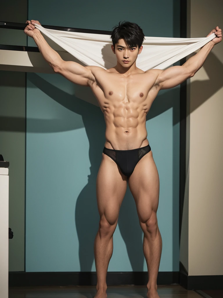 Japanese Male Model, Cool 18 year old, Short black hair, Slim and muscular, Fierce, Bright screen, Whole-body image, sexy thong, standing, shirtless, topless, Hero, whole body, lifted arms