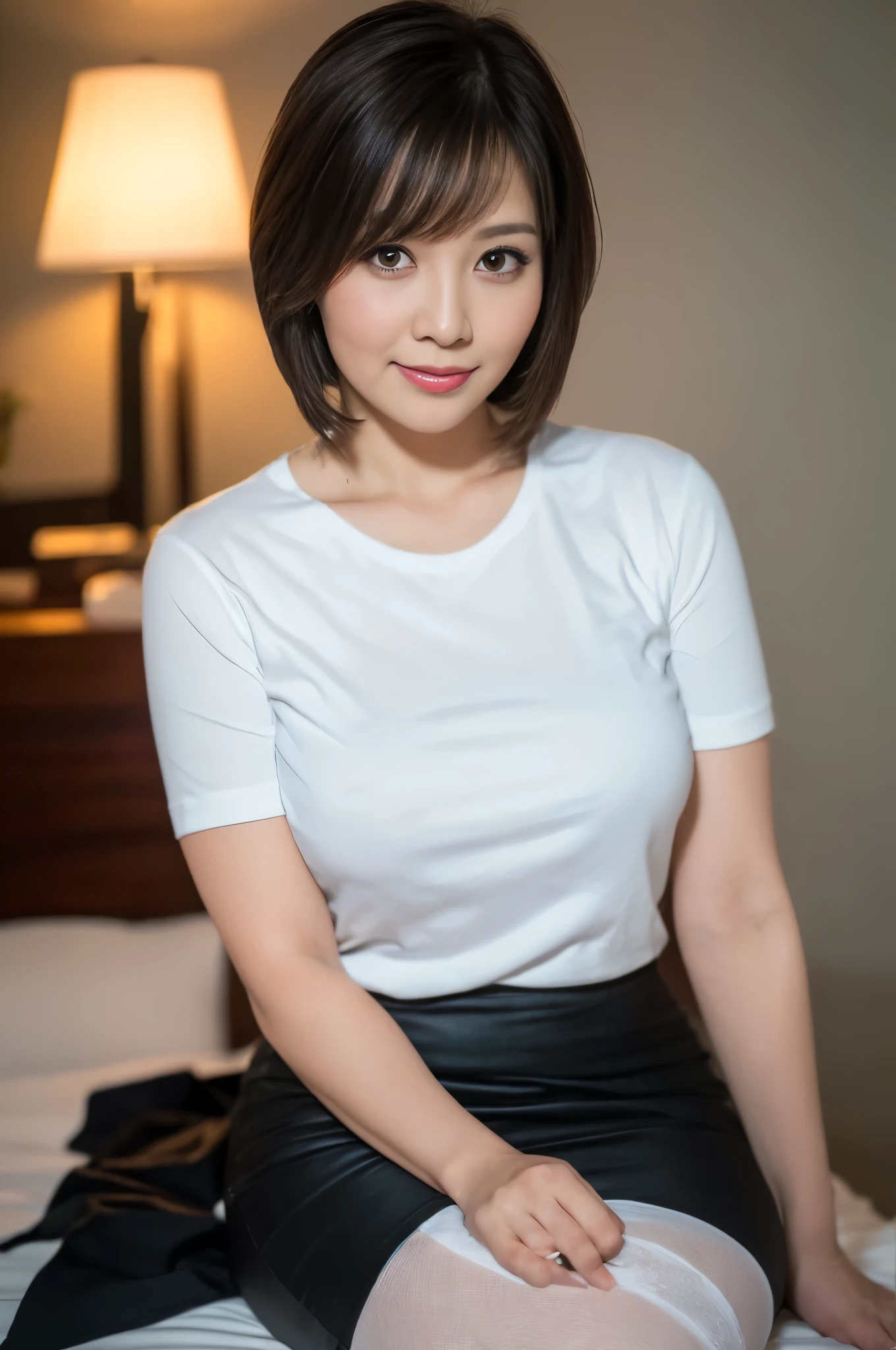 ((masterpiece, Better Quality, hight resolution, Photorealsitic:1.4, Raw photography, high quality image)), ((portrait:1.2)), 1Milf sitting on bedside, (wearing white short callored shirts, wearing black pencil skirt, black stocking), curvy shape:0.5, very detailed and professional lighting, (cute facial expressions),