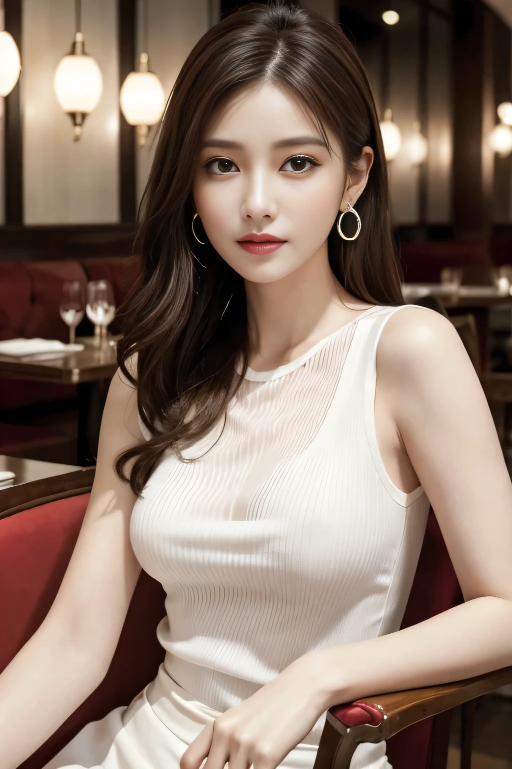 masterpiece, highest quality, Realistic, Very detailed, Finer details, High resolution, 8k wallpaper, One beautiful woman,Wear a white elegant see-through sleeveless ribbed blouse, In a great restaurant, At night, Light brown messy hair, Perfect dynamic composition, Beautiful and beautiful eyes、Big earrings、Sitting in a chair、