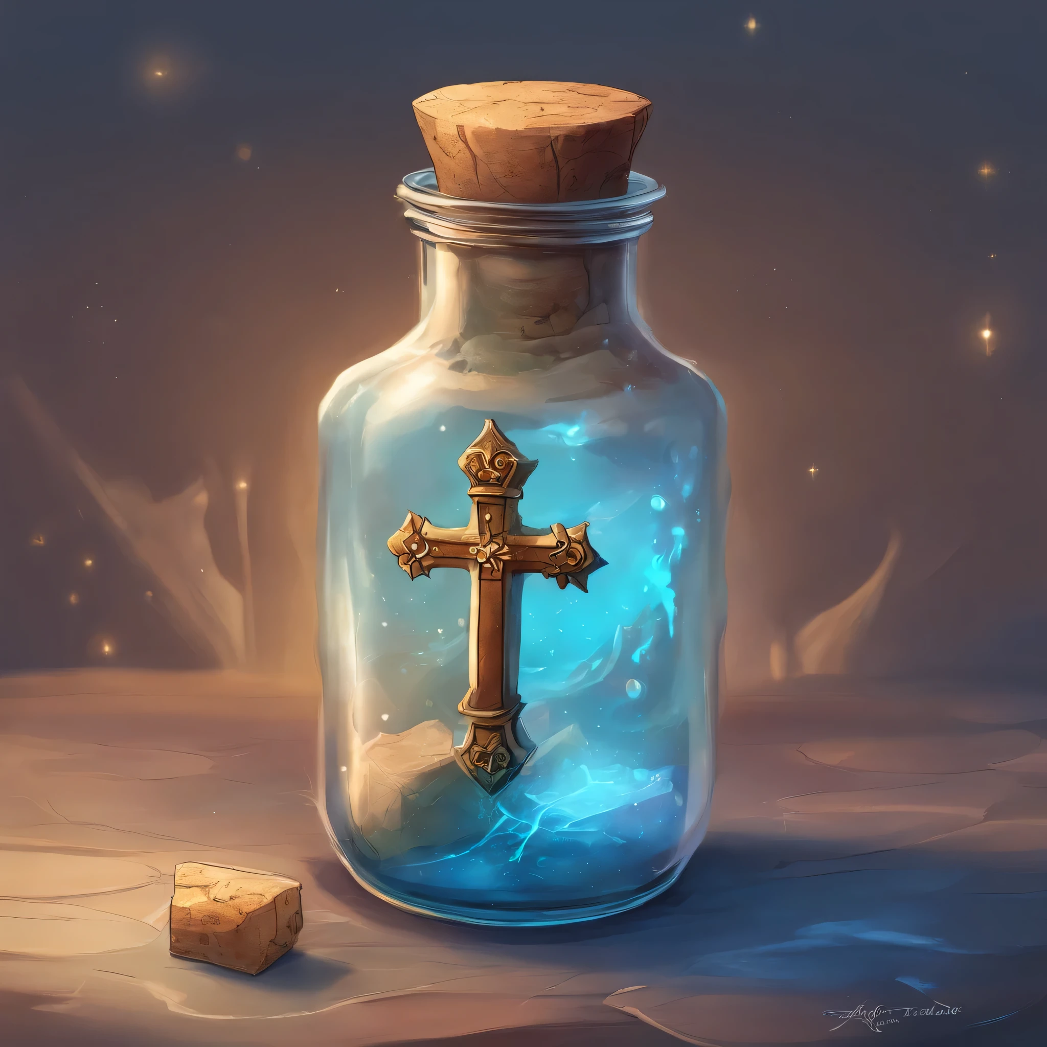 a glass jar with a cork, a light blue liquid inside, a cross on the label, medieval rpg style