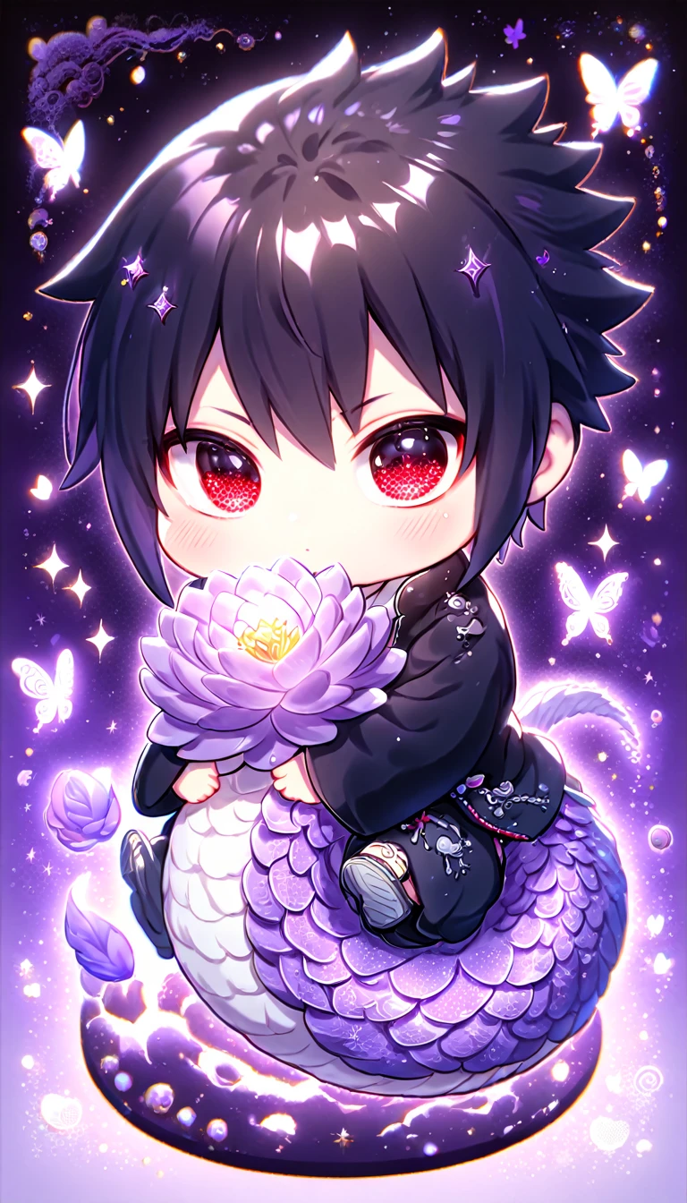 absurdres, highres, ultra detailed, HDR, master piece, best quality, Uchiha Sasuke chibi, black hair, expressive red eyes, naruto shippuden, cute, hugging a purple dragon, black jacket, white shirt, patterns, magical, fantasy, purple background, purple lotus, shining, purple petals, purple glittering butterflies