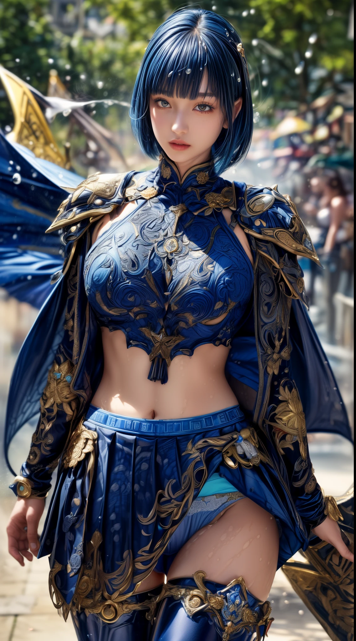 Very beautiful woman、Slender women、(Detailed face)、Realistic Skin、((holy knight)), ((Navy Blue Armor))、((((Black armor with very fine and intricate decoration:1.1))))、((Delicate photo)),(Girl Astepeace RAW Photo Details:1.25), (highest quality:1.6), (超A high resolution:1.5), (Realistic:1.75), 8K resolution, Canon EOS R5, 50mm, Absurd, Ultra-detailed,Cinema Lighting,((battlefield))、((battle))、(((Navy Skirt with Embellishments)))、Thigh-high socks、Shin Guards、((Dark blue hair))、((Bowl cut hairstyle with bangs,))、Get six-pack、Cape、Beautiful Armor、(((Has a huge weapon)))、(In combat)、The wind is blowing、((Symmetrical Armor))、((((Splash))))、(((Leading a large group of blue knights:1.2)))、Banner、Armor with a dragon motif、(((Battle Scene)))、((nsfw))、(((I can see her panties:1.4)))、((windy Skirt))