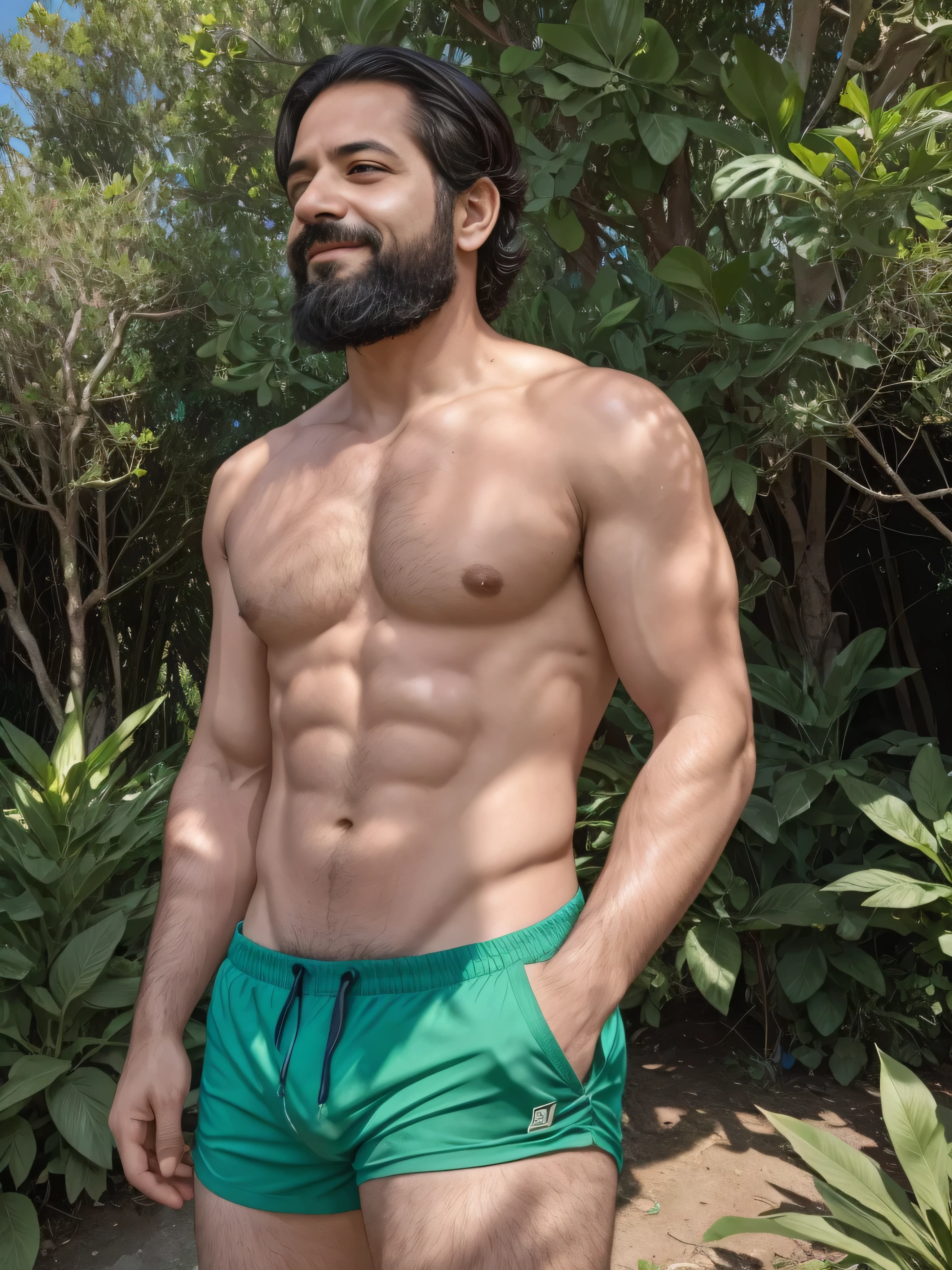 Imagine a scene on a sunny spring day, where a 38-year-old man stands in a lush natural landscape. Este hombre tiene una barba bien cuidada y lleva lentes de sol elegantes que reflejan la luz del sol. Viste una camisa de cuadros en tonos de azul y verde, que contrasta perfectamente con el verdor que lo rodea. The stage behind him is full of leafy trees and brightly colored flowers, creando un ambiente sereno y vibrante. La imagen se captura en un plano medio, mostrando la parte superior del cuerpo del hombre, while he smiles with a relaxed and satisfied expression, disfrutando del aire libre. Sunlight filters gently through the leaves, adding a warm and natural touch to the scene.