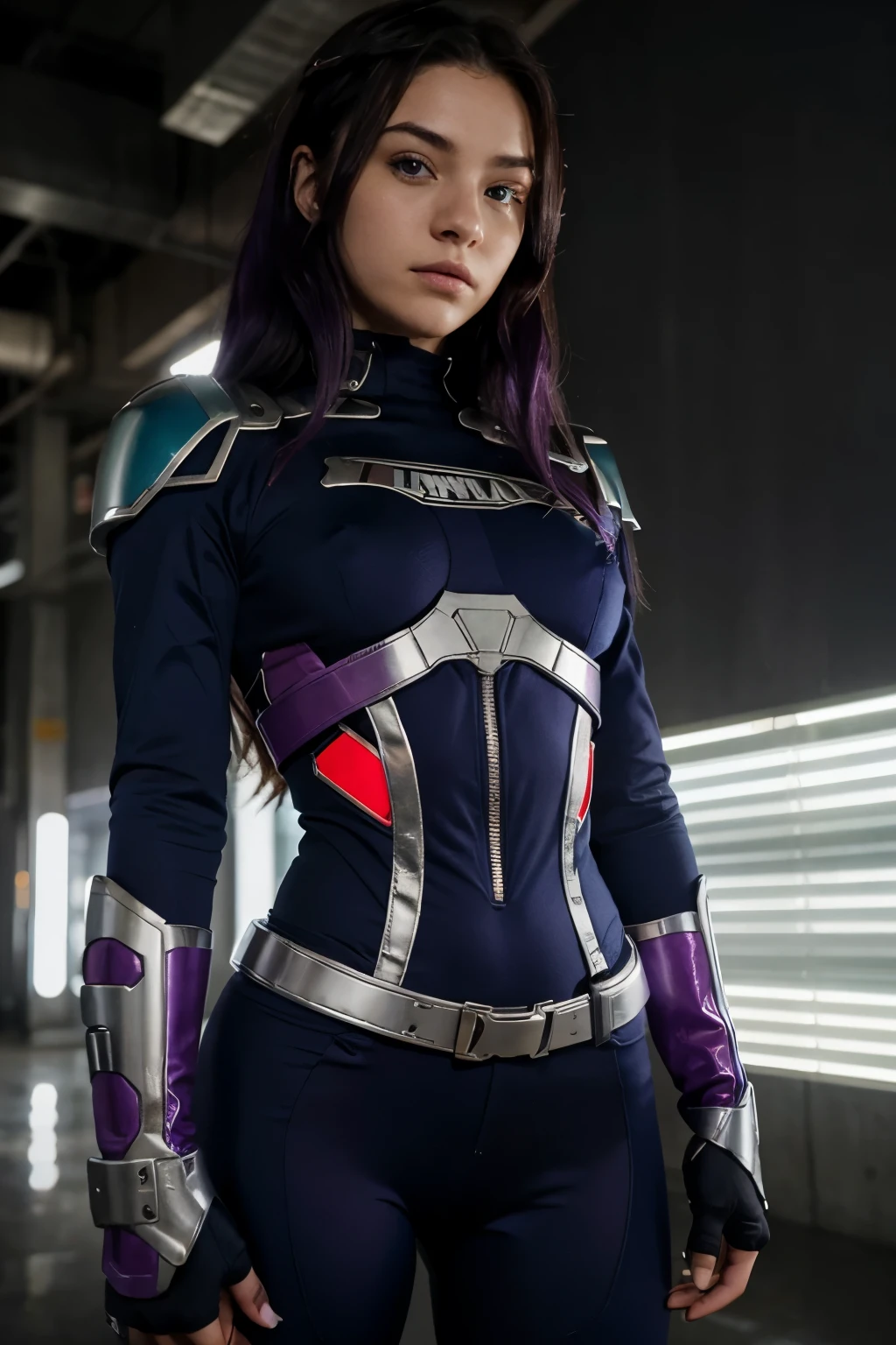 Captura de pantalla de boku no hero academia de una chica con cabello morado y rastras azules, ojos rasgados e iluminados de un color verde esmeralda. He has a serious expression and wears a purple and blue hero suit, con guantes sin dedos largos y tiene magia morada en sus manos, he is fighting a villain. Fondo de edificio moderno, cuerpo completo, toma alejada, tipo anime