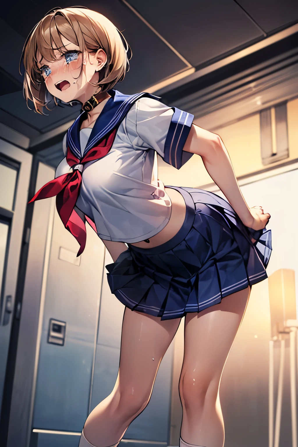 (masterpiece, best quality:1.2),illustration,8k,hd,1girl,solo,upper body,(portrait:1.2),long hair, single braid, black serafuku, black , pleated skirt, shigure, ahoge, brown hair, blue eyes, braid, hair ornament, hair over shoulder, long hair, single braid, hair flaps, black gloves, black serafuku, black shirt, black skirt, fingerless gloves, gloves, neckerchief, pleated skirt, red neckerchief, sailor collar, , serafuku, shirt, skirt, white sailor collar, gym storeroom