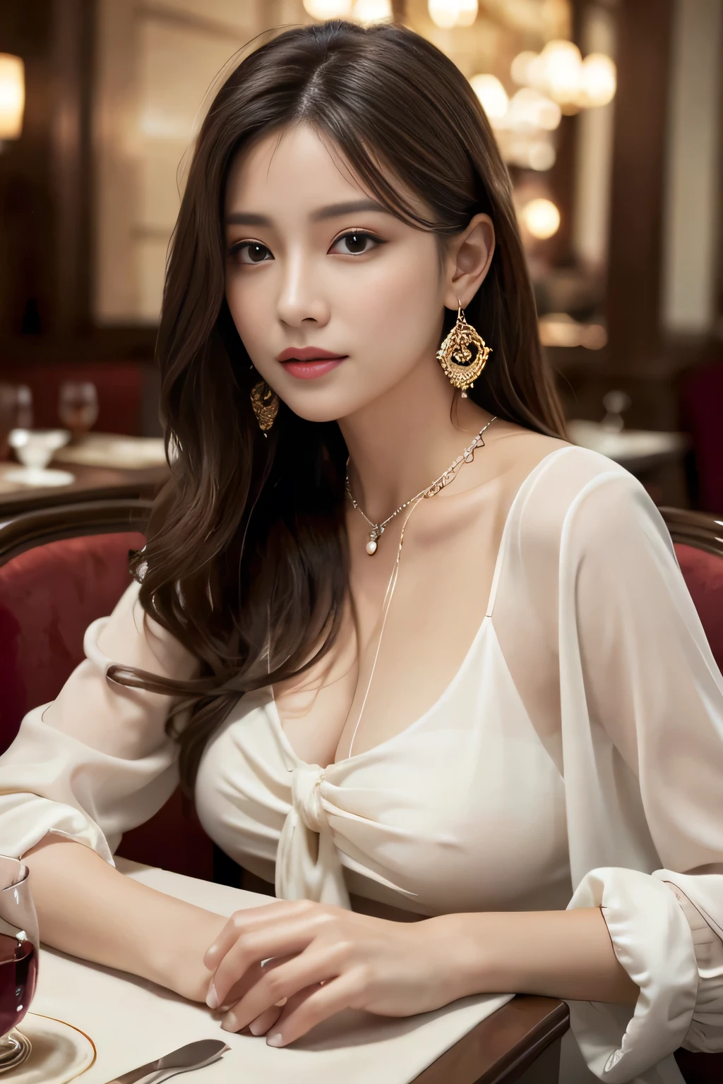 masterpiece, highest quality, Realistic, Very detailed, Finer details, High resolution, 8k wallpaper, One beautiful woman, Wear an elegant see-through blouse, In a great restaurant, At night, Light brown messy hair, Perfect dynamic composition, Beautiful and beautiful eyes、Big earrings、Sitting in a chair、