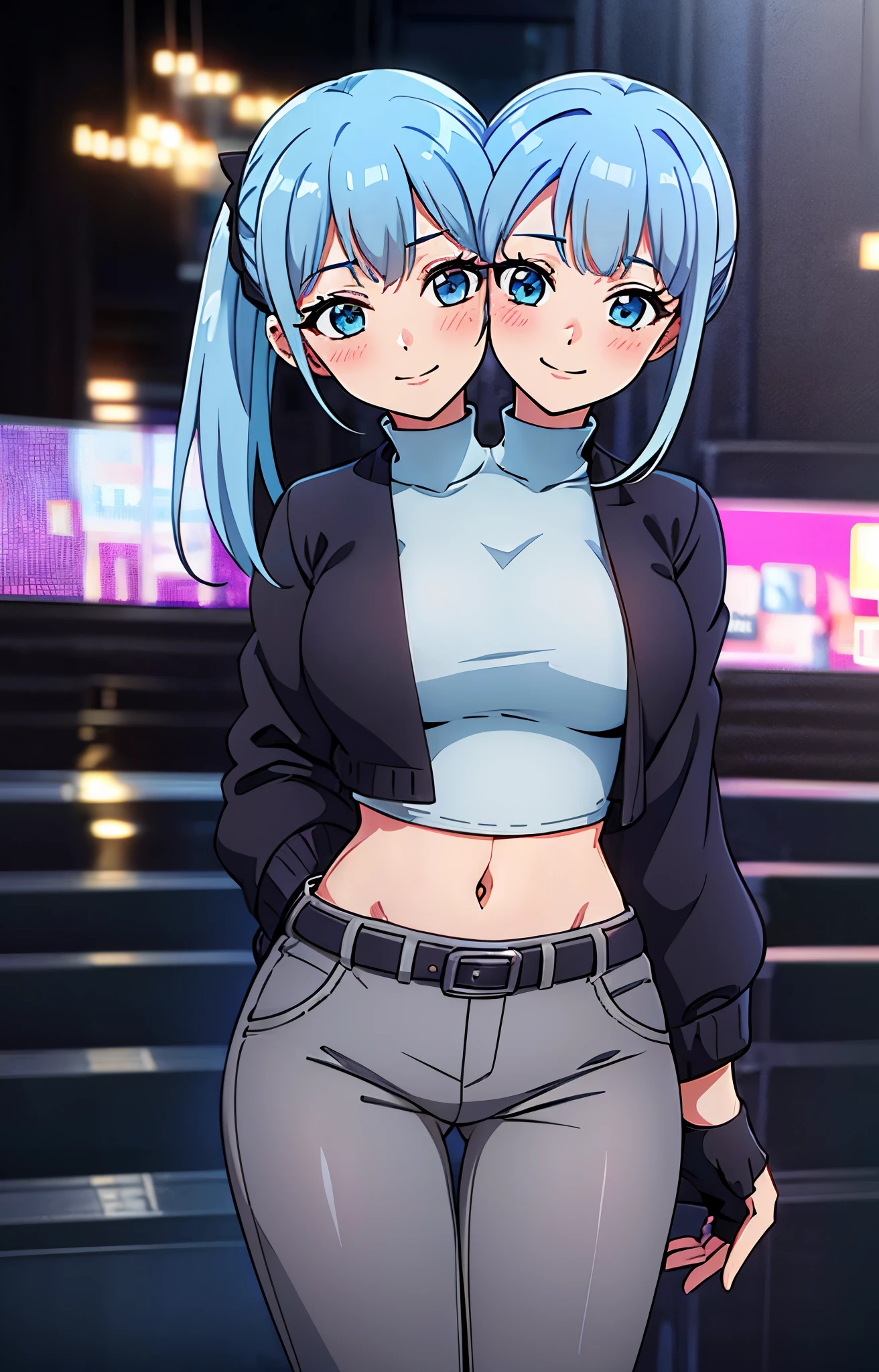 best quality, (masterpiece),(ultra-detailed), (high quality), (high resolution), ((2heads:1.5)), best quality:1.5, highres, UHD, 16K), smiling, highres, masterpiece, ((light blue hair)), ((ponytails:1.5)), long hair,blushing, blue eyes, ((cinematic particles)), grey pants, (black fingerless gloves), cowboy shot, ((black jacket over a gray crop top)), exposed midriff, ((pulled up sleeves)), college grounds