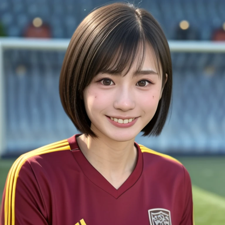 (kawaii 24 year-old Japanese girl, Nogizaka idol, Korean idol, soccer player), healthy female athlete body, glossy black hair, (very short hair, bangs:1.2), beautiful black eyes, rounded face, single eyelid, (no makeup:1.2), (big laughing), (soccer uniform:1.3), extra small breasts, BREAK, (soccer stadium background, summer sunlights:1.2), (dynamic angle, bust shot:1.2), BREAK, (masterpiece, best quality, photo realistic, official art:1.4), (UHD, 8K quality wallpaper, high resolution, raw photo, golden ratio:1.3), (shiny skin), professional lighting, physically based rendering, award winning, (highly detailed skin texture, extremely detailed face and eyes textures), Carl Zeiss 85 mm F/1.4, depth of field, (1girl, solo),