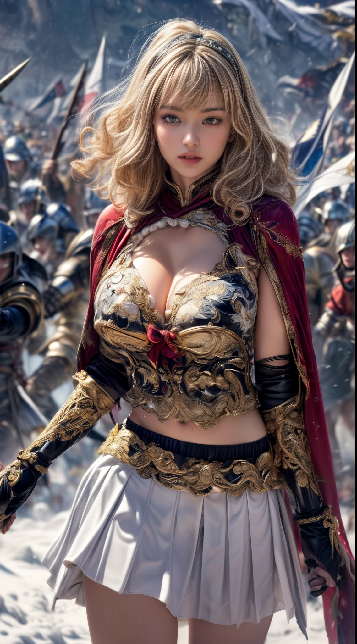 Very beautiful woman、Slender women、(Detailed face)、Realistic Skin、((holy knight)), ((Pearl White Armor))、((((Black armor with very fine and intricate decoration:1.1))))、((Delicate photo))，(Girl Astepeace RAW Photo Details:1.25), (highest quality:1.6), (超A high resolution:1.5), (Realistic:1.75), 8K resolution, Canon EOS R5, 50mm, Absurd, Ultra-detailed,Cinema Lighting,((battlefield))、((battle))、(((White skirt with embellishments)))、Thigh-high socks、Shin Guards、((Blonde))、((Curly Hair))、((Drill Hair))、((Wavy short hair with bangs,))、Get six-pack、Cape、Beautiful Armor、(((Has a huge weapon)))、(In combat)、The wind is blowing、((Symmetrical Armor))、((((Blizzard))))、(((Leading a large group of knights:1.2)))、Banner、(((Battle Scene)))、((nsfw:1.2))、(((I can see her panties:1.4)))、、((windy SkirtLift))