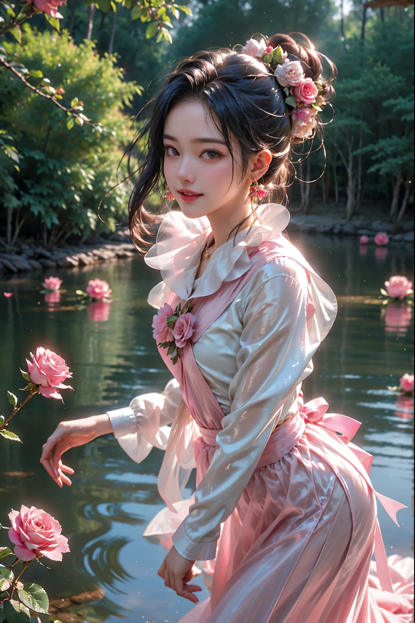 High quality, high resolution, masterpiece, real photos taken by professional photographers. She is a stunning movie poster of a radiant woman with a smile that radiates pure joy. She stands in a lush forest, by a soft, blurred lake surrounded by a sea of pink roses. The enchanting scene is illuminated by the twinkling light of candles, creating a festive atmosphere. The woman's wet updo and her wet outfit emphasize the immersion in the scene, while the shallow depth of field highlights her glowing face and seductive expression. The overall atmosphere is vibrant and magical, transporting the viewer to the heart of this magical moment.