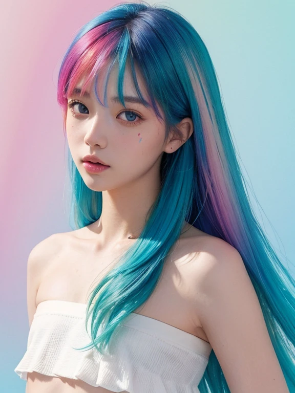 (close up:1.3), （Pink fashion T-shirt：1.9），（Colorful hair：1.8），（Rainbow all colors：1.8），（（（（Vertical painting：1.6)）），（painting of a：1.6），frontage，comic strip,illustration,painting of a,largeeyes,crystal-clear,（rainbow color gradient high ponytail：1.7）,Delicatemakeup,Keep one's mouth shut,(Small Fresh:1.5),(Bandeau:1.6),long eyelasher,White shoulder T- shirt, White Shoulder Shirt，looking at viewert，watery big eyes，(rainbow colour hair：1.6), color splash, （solo：1.8）, color splash, color explosion, colour splash, color explosion, Thick lacquer style，Messy lines，((shining)) ，(colorful), (colorful), (colorful), colorful, Thick Paint Style, (Splash) (Color Splash), Vertical Painting, Upper Body, Paint Splash, Acrylic Pigment, Gradient, Paint, Highest Image Quality, Highest image quality, Masterpiece, Solo, Depth of Field, Face Paint, colorful clothes, (ellegance: 1.2), opulent, long whitr hair, ventania, (ellegance: 1.3), (petals: 1.4)，(((masterpiece))),(((Best quality at best))),((ultra - detailed)),(illustratio),(dynamic angle),((floatking)),(Paintwork),((Loose hair)),(solo),(1girl) , (( (Detailed anima face))),((Beautiful detailed face)),collars,exposed bare shoulders,whaite hair,((The color hair)),((Striped hair)),Beautiful detailed eyes,No cleavage，(Gradient color eyes),(( （Colored eyes））），（（（coloured background））），（（（high saturated））），（（（Surrounded by colorful splashes））），