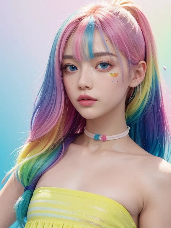 (close up:1.3), (Pink fashion T-shirt:1.9),(Colorful hair:1.8),(Rainbow all colors:1.8),((((Vertical painting:1.6))),(painting of a:1.6),frontage,comic strip,illustration,painting of a,largeeyes,crystal-clear,(rainbow color gradient high ponytail:1.7),Delicatemakeup,Keep one's mouth shut,(Small Fresh:1.5),(Bandeau:1.6),long eyelasher,White shoulder T- shirt, White Shoulder Shirt,looking at viewert,watery big eyes,(rainbow colour hair:1.6), color splash, (solo:1.8), color splash, color explosion, colour splash, color explosion, Thick lacquer style,Messy lines,((shining)) ,(colorful), (colorful), (colorful), colorful, Thick Paint Style, (Splash) (Color Splash), Vertical Painting, Upper Body, Paint Splash, Acrylic Pigment, Gradient, Paint, Highest Image Quality, Highest image quality, Masterpiece, Solo, Depth of Field, Face Paint, colorful clothes, (ellegance: 1.2), opulent, long whitr hair, ventania, (ellegance: 1.3), (petals: 1.4),(((masterpiece))),(((Best quality at best))),((ultra - detailed)),(illustratio),(dynamic angle),((floatking)),(Paintwork),((Loose hair)),(solo),(1girl) , (( (Detailed anima face))),((Beautiful detailed face)),collars,exposed bare shoulders,whaite hair,((The color hair)),((Striped hair)),Beautiful detailed eyes,No cleavage,(Gradient color eyes),(( (Colored eyes))),(((coloured background))),(((high saturated))),(((Surrounded by colorful splashes))),