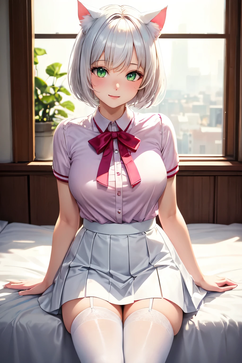 ((best quality)), ((masterpiece)), (detailed), perfect face, white short hair, white cat ears, green eyes, uses a white skirt, 18 year-old girl, white cat tail, pastel pink blouse, white tight stockings, seductive, having sex