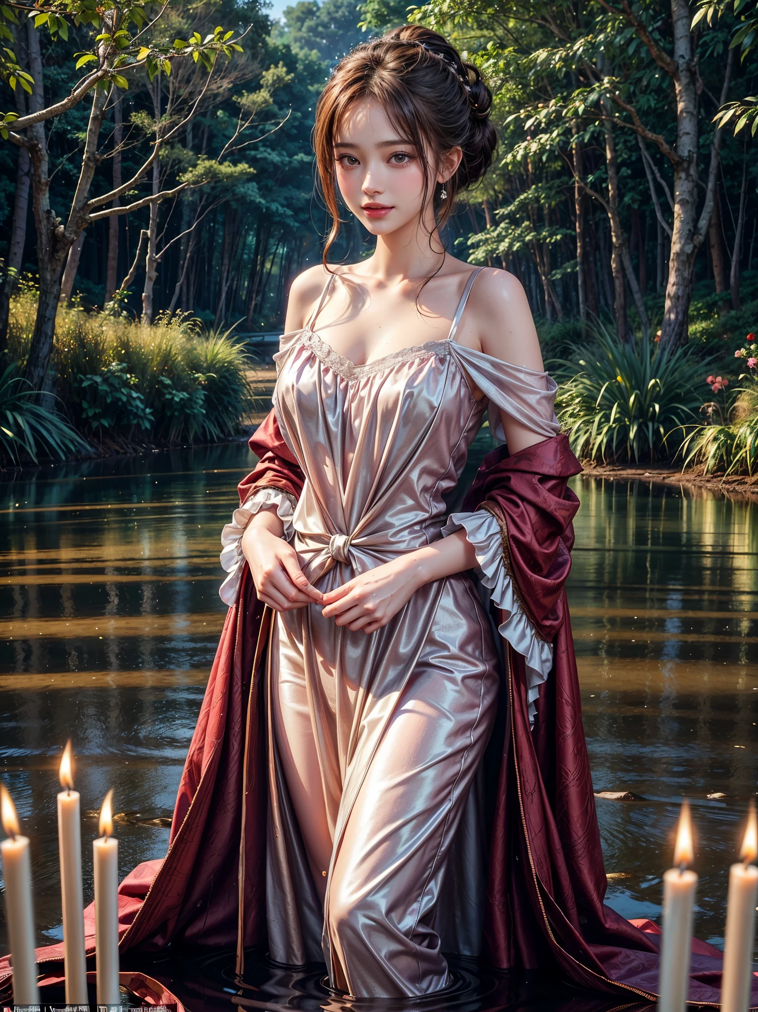 High quality, high resolution, masterpiece, real photos taken by professional photographers. She is a stunning movie poster of a radiant woman with a smile that radiates pure joy. She stands in a lush forest, by a soft, blurred lake surrounded by a sea of pink roses. The enchanting scene is illuminated by the twinkling light of candles, creating a festive atmosphere. The woman's wet updo and her wet outfit emphasize the immersion in the scene, while the shallow depth of field highlights her glowing face and seductive expression. The overall atmosphere is vibrant and magical, transporting the viewer to the heart of this magical moment.