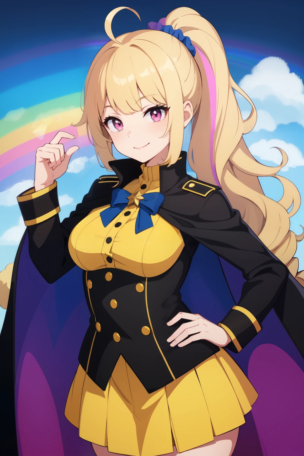 blonde hair, wavy ponytail, thick ponytail, rainbow highlights, pink eyes, black button up, black jacket, yellow cape, short skirt, yellow skirt, tights, smile, ahoge, military cape, tall, female, rainbow scrunchie, thick bangs, mature, wavy fringe, wavy bangs, long hair