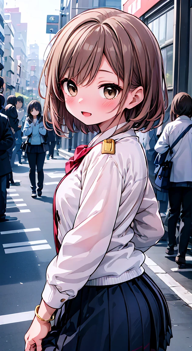 The valley:-1.5),Very detailed, Absurd, Ultra-high resolution, Super detailed, highest quality, One woman,24-years-old, alone, Nice hands, Perfect hands, break (Wearing winter uniform), Smile, smile, Open your mouth, break standing, 45 degrees, cuteポーズ, Cowboy Shot, break slender, cute, Perfectly symmetrical face, 超cute girl, 超cute face, Very detailed目, Super detailedな髪, 超cute, Super beautiful,((Short brown hair)), Beautiful brown hair, (澄んだBrown eyes), Slightly chubby,Small breasts,The butt is small, break in harajuku, Shibuya Ward, Tokyo, street, crowd, Cityscape, break small breasts (Brown short hair, Brown eyes),