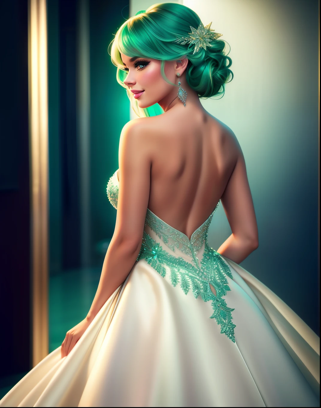 Cocktail_Dress, Masterpiece, high quality, 4K, beautiful design, shiny, from the front, award winning photo, extremely detailed, amazing, fine detail, absurdres, highly detailed green hair woman, extremely detailed, by lee jeffries nikon d850 film stock photograph 4 kodak portra 400 camera f1.6 lens rich colors hyper realistic lifelike texture dramatic lighting unrealengine trending on artstation cinestill 800 tungsten, 1girl, solo, expressive look, (smiling seductively,puffy lips, [Elsa Jean|Sophia Loren]:1.155) HDR, highest quality, sexy dress, sharp focus, looking at viewer, facing viewer, 4k,emerald green eyes beautifully detailed,a woman in a long dress standing in a room, back view, naked back dress , wearing a Cocktail_Dress upper body focus, back muscle