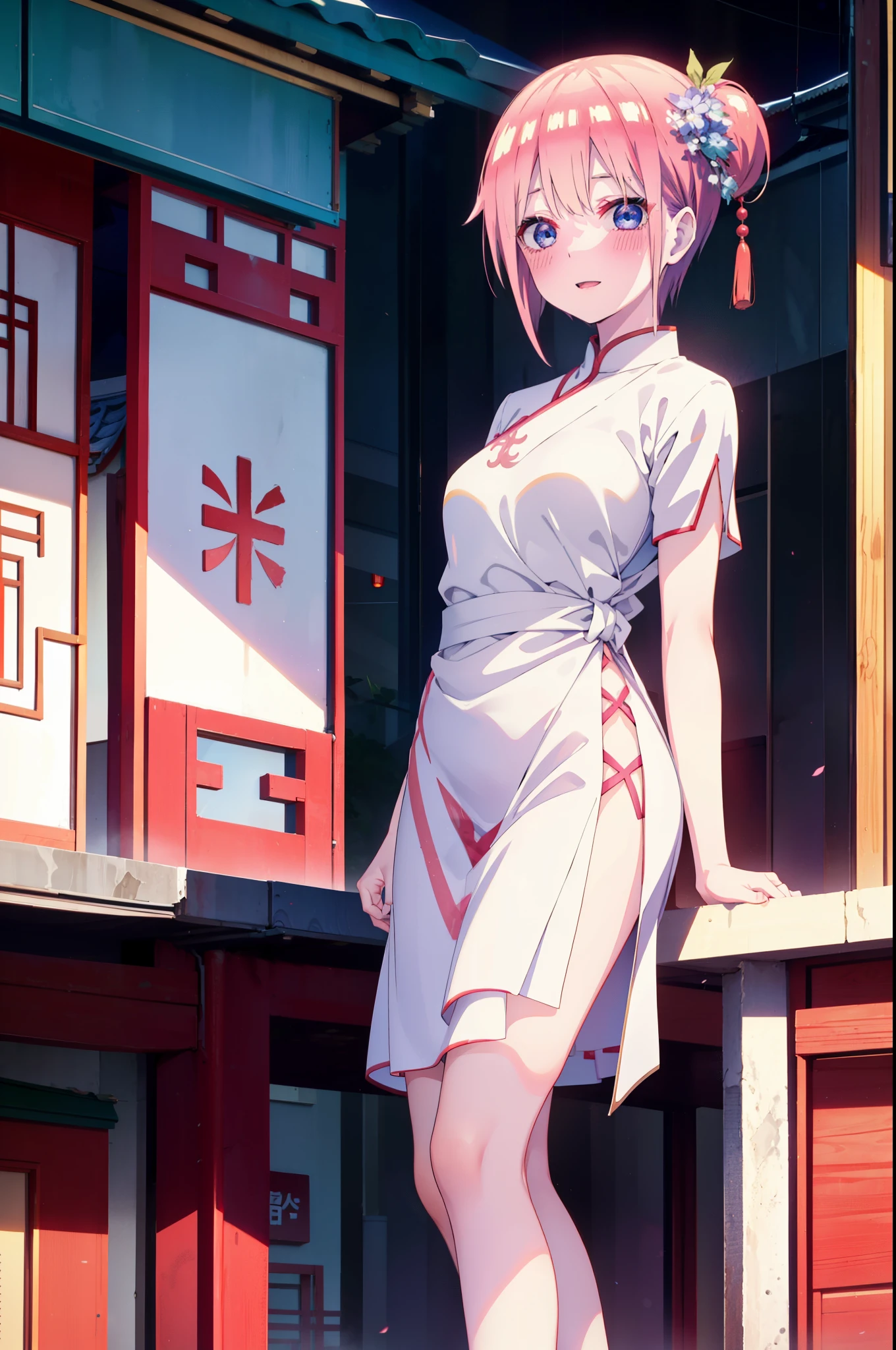 ichikanakano, ichika nakano, short hair, bangs, blue eyes, Hair between the eyes, Pink Hair, One side up, happy smile, smile, Open your mouth,blush,Open your mouth,White Chinese Dress,Stiletto heels,whole bodyがイラストに入るように,
break outdoors, Chinese-style cityscape, break looking at viewer, whole body,
break (masterpiece:1.2), highest quality, High resolution, unity 8k wallpaper, (shape:0.8), (Beautiful and beautiful eyes:1.6), Highly detailed face, Perfect lighting, Extremely detailed CG, (Perfect hands, Perfect Anatomy),