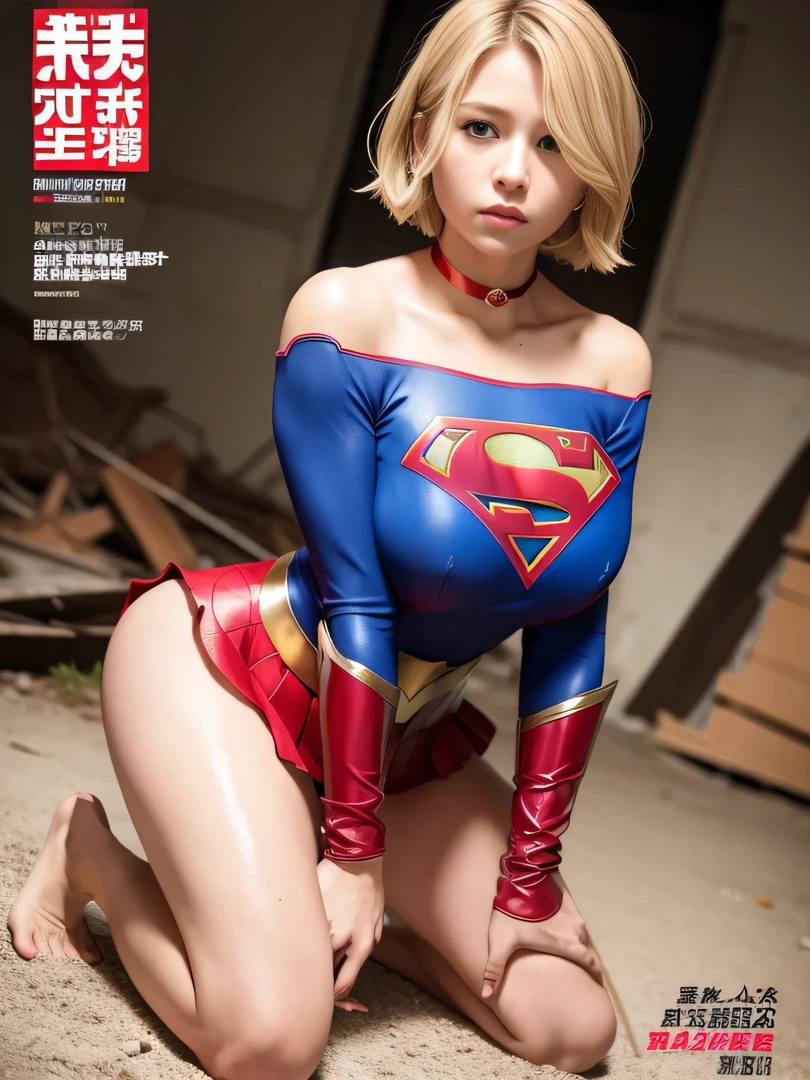 masterpiece、Supergirl Costume、short hair、barefoot、Big and ample breasts、Crisis situation、Complete surrender、Dilapidated hospital、Abused、Kneel、shiny sweaty skin、looking at the camera、Scattered rubble、choker、Long sleeve、Sexy poses to seduce、Poor environment、Humiliating、Off the shoulder、latex、Weekly magazine cover style、